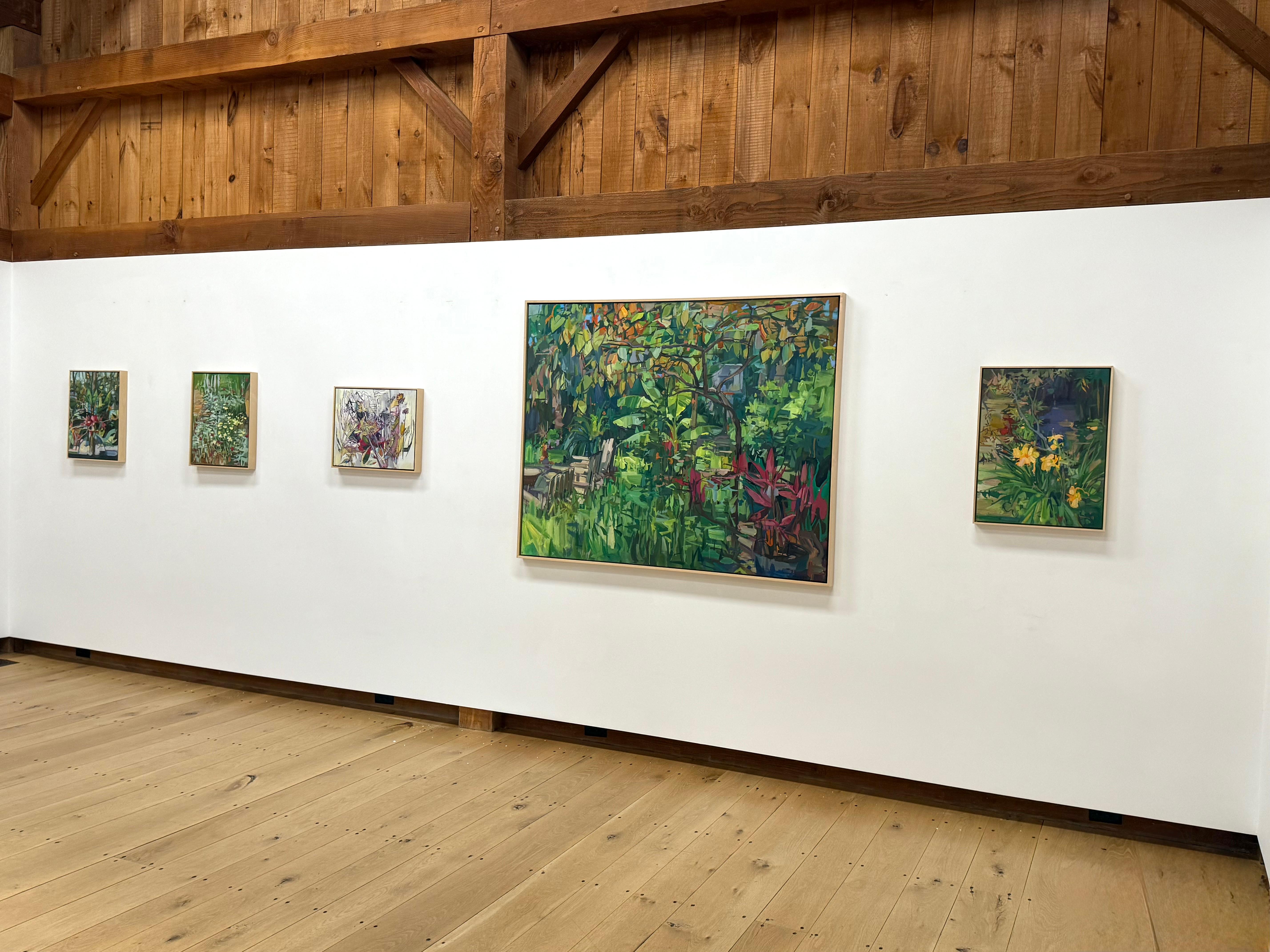 Day Lilies With Japanese Maple - Botanical Orange Flowers Red Tree Garden, 2024 - Black Landscape Painting by Francis Sills