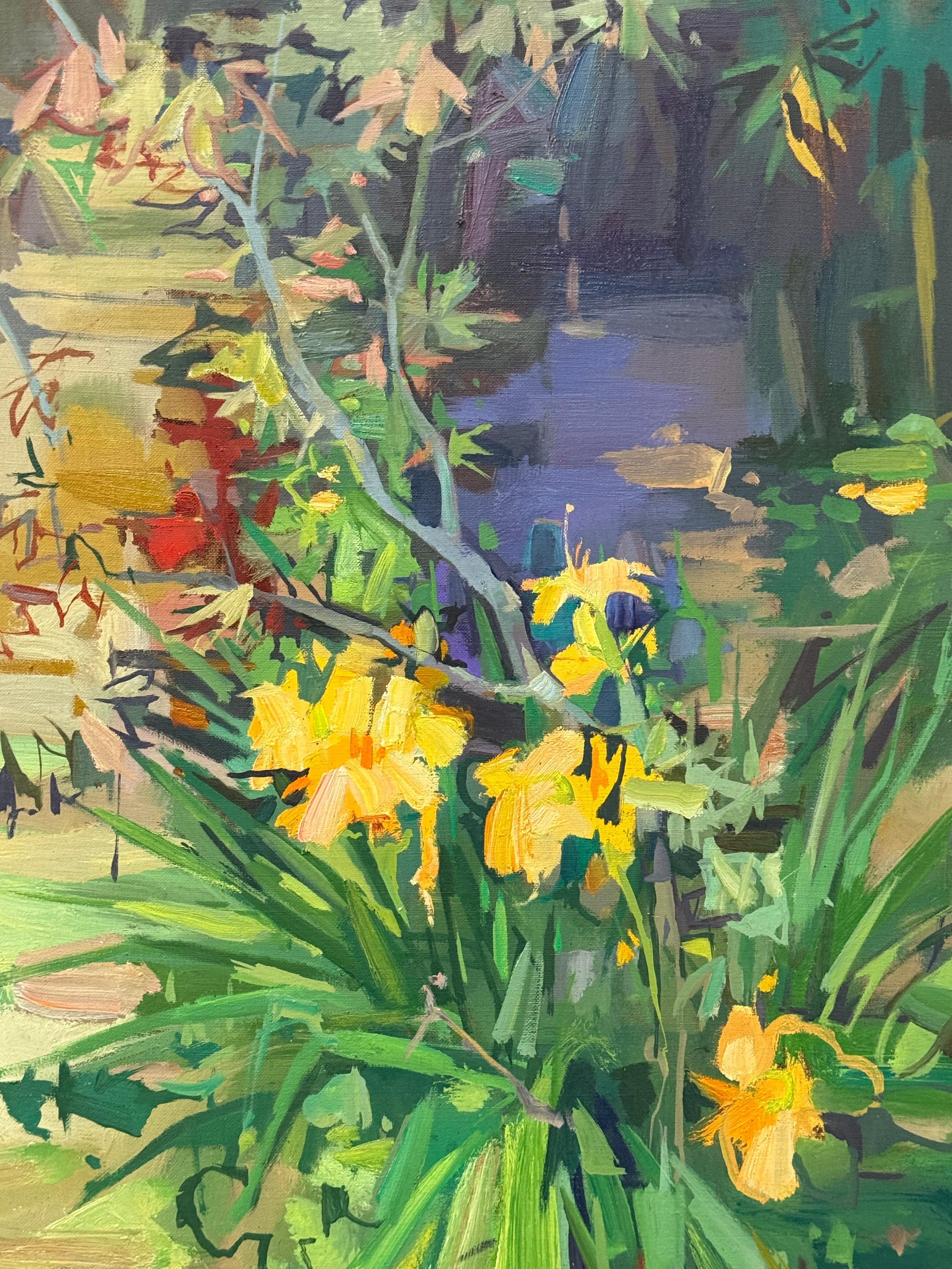 Contemporary botanical garden painting in oil on linen with orange Day Lily flowers beside a Japanese maple tree with red leaves from Francis Sills' ongoing series of Flora Paintings.

Framed in a light natural wood float frame. Signed on recto and