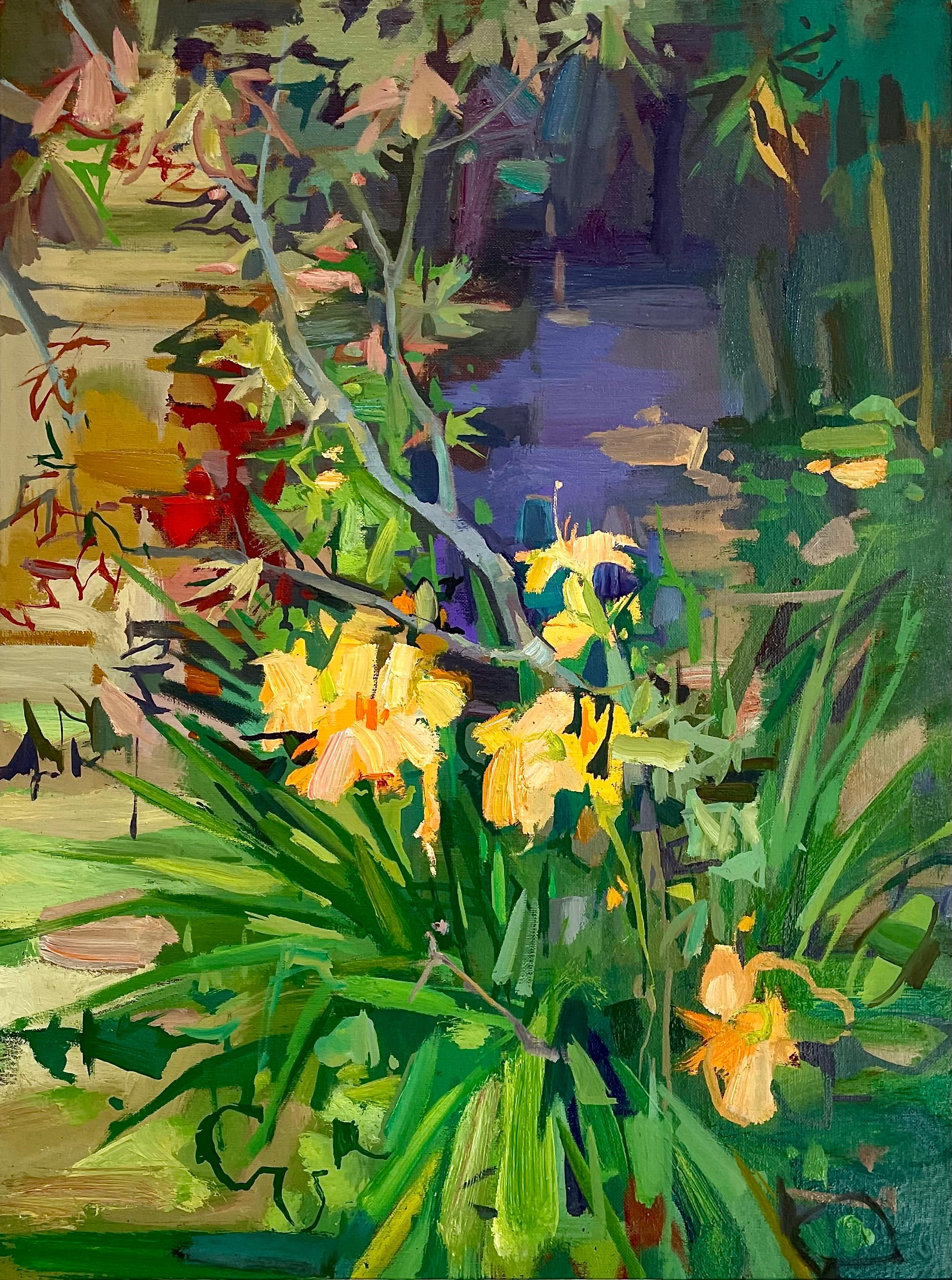 Francis Sills Landscape Painting - Day Lilies With Japanese Maple - Botanical Orange Flowers Red Tree Garden, 2024