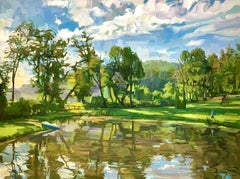 Down at the Pond, Landscape Painting with Water, Blue Sky, Green Trees, Figure