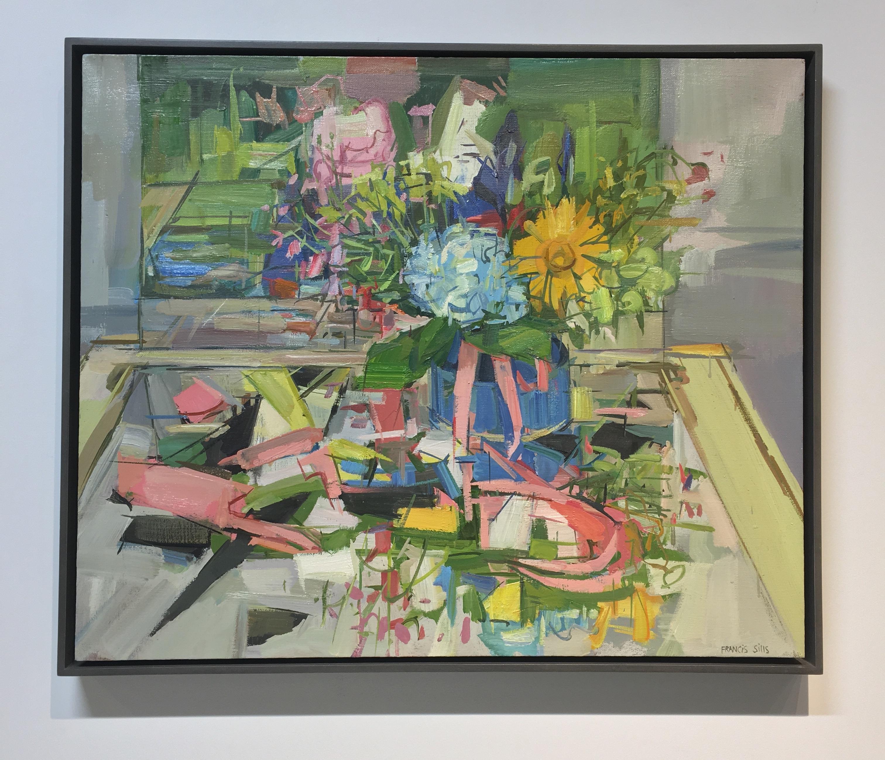 Floral Still Life II, Yellow, Blue, Pink and Green Flowers in Vase on Table - Painting by Francis Sills