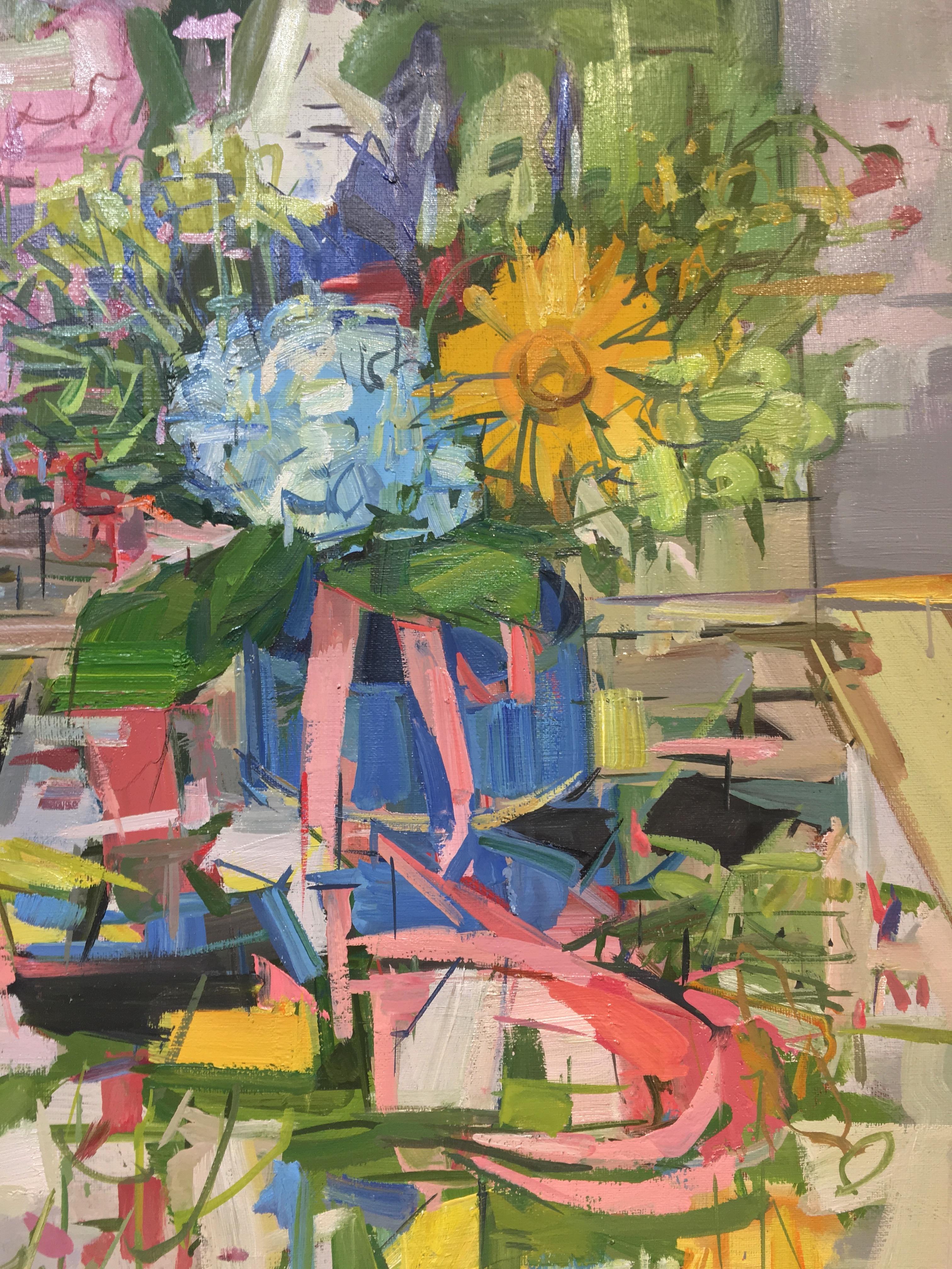 Floral Still Life II, Yellow, Blue, Pink and Green Flowers in Vase on Table 1