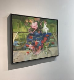 Naturaleza Muerta Floral - Rosas Lirios Rosas Flores Rojas en Jarrón Azul sobre Verde, 2017