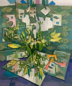 Flowers Reflected, Botanical Still Life, Flowers in Vase, Yellow, Green, Blue