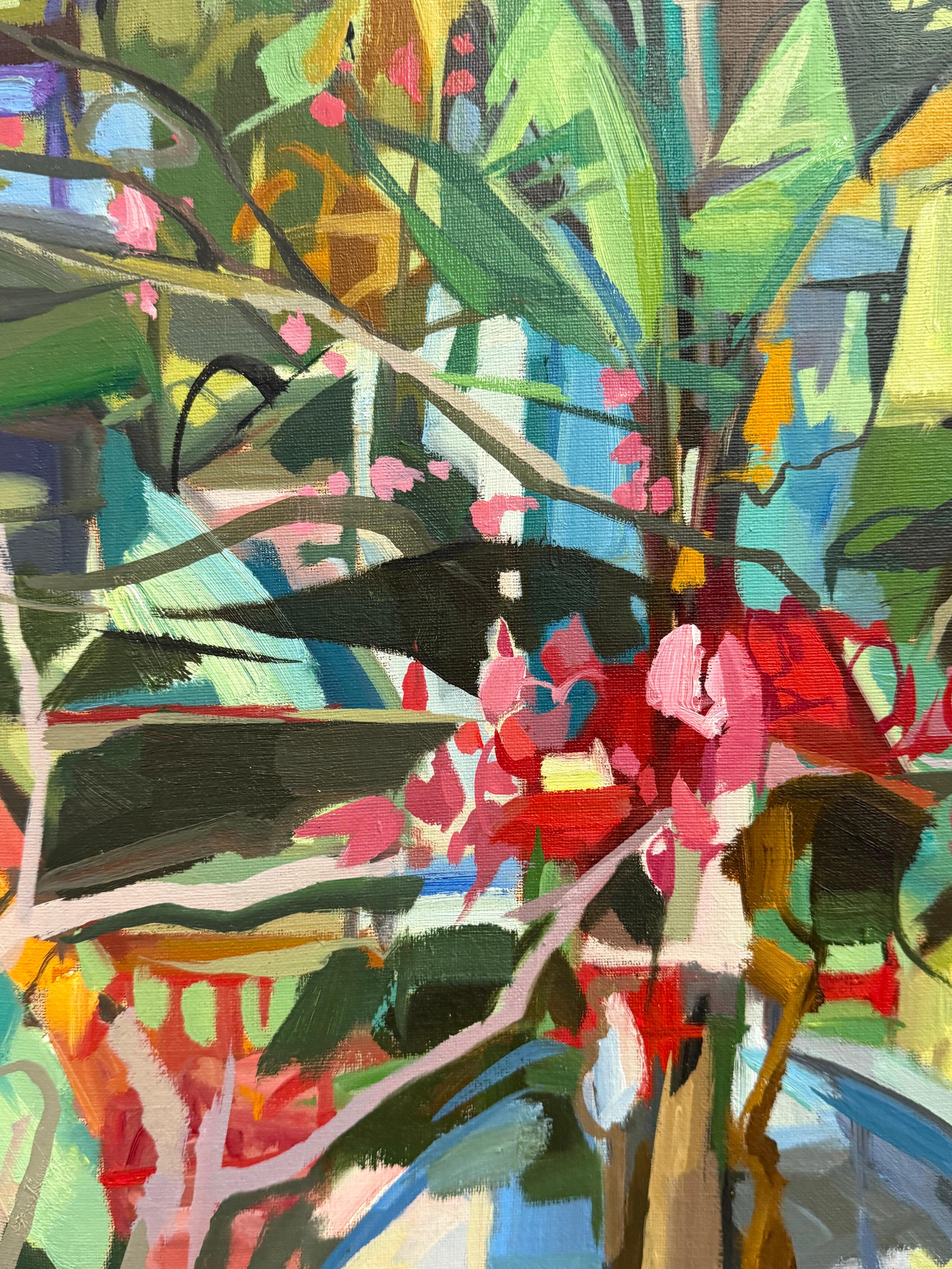 Zeitgenössisches abstraktes botanisches Gartenbild in Öl auf Leinen mit üppigen Blumen und Pflanzen aus Francis Sills' fortlaufender Serie von Flora Paintings.

Gerahmt in einem leichten Float-Rahmen aus Naturholz. Signiert auf der Vorderseite und