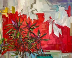 Lodger, Botanical Still Life of Tropical Yucca Plants, Green, Bright Crimson Red