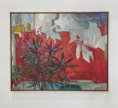 Lodger - Contemporary Still Life Tropical Yucca Plant Green Leaves Red, 2022