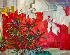 Lodger - Contemporary Still Life Tropical Yucca Plant Green Leaves Red, 2022