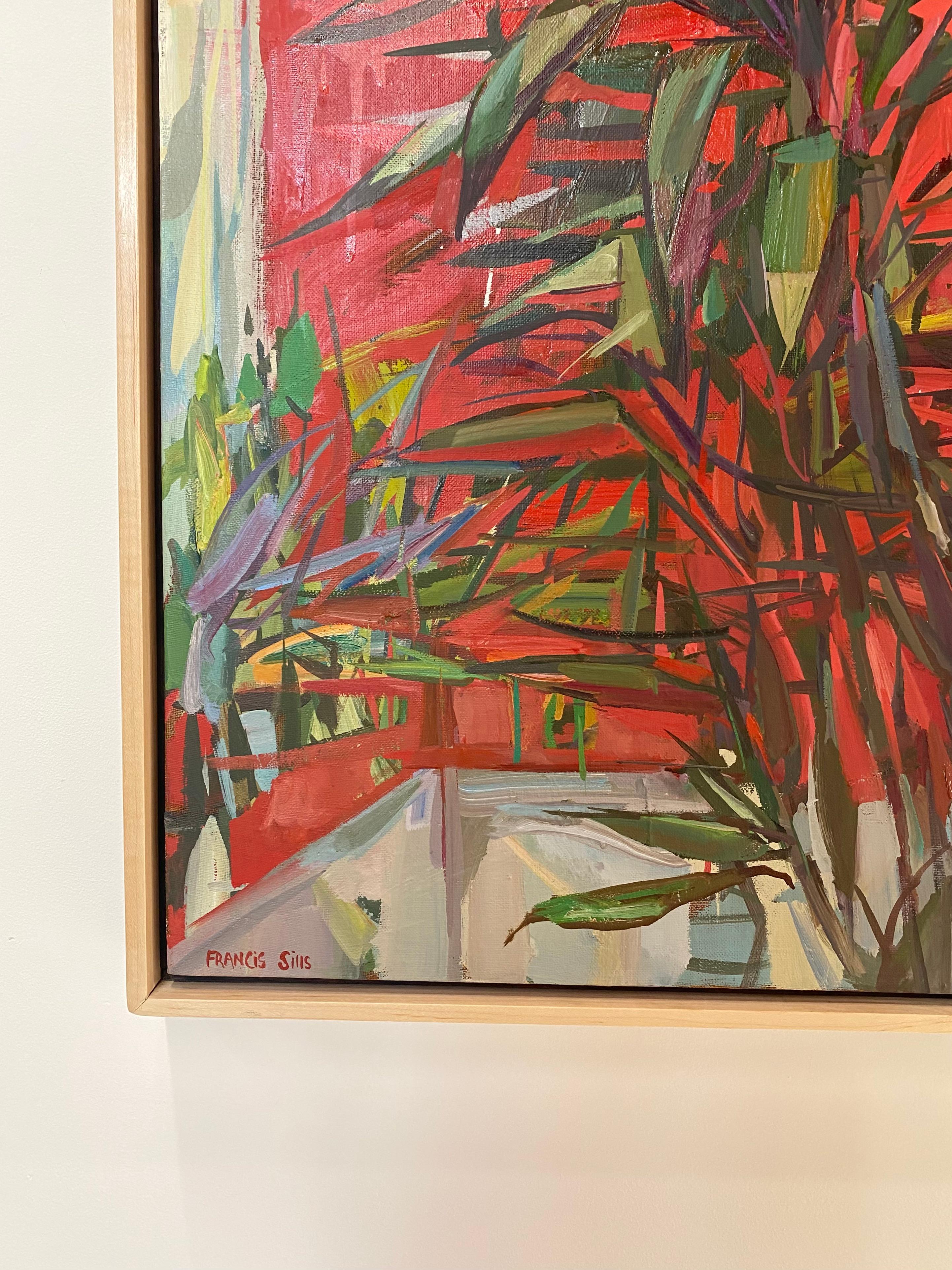 The verdant shades of green leaves are lush against the dramatic, brilliant crimson red background in this painting of tropical yucca plants in planters. Signed on recto, signed, dated and titled on verso. Framed in thin, light natural wood float