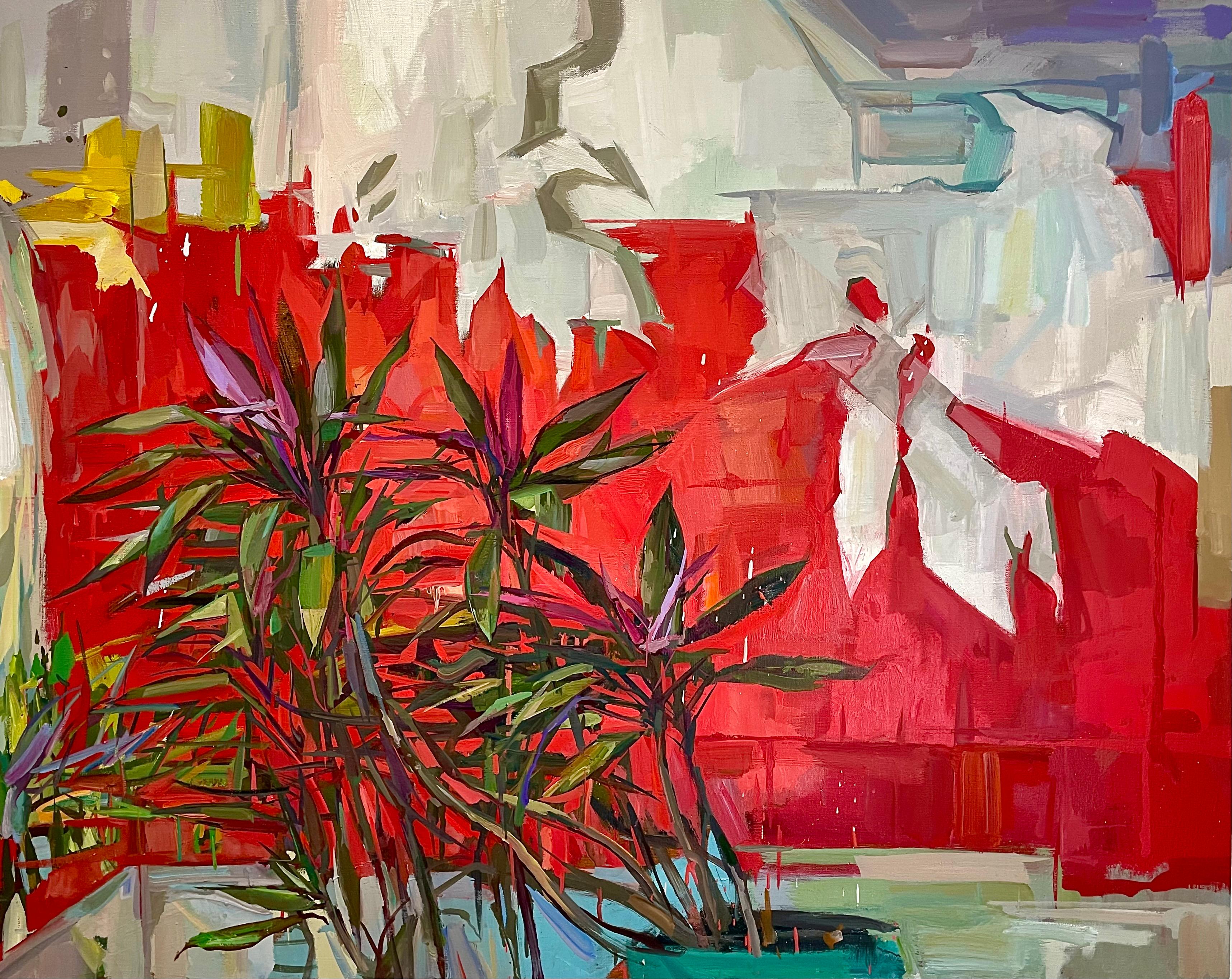 Francis Sills Still-Life Painting - Lodger, Green, Bright Crimson Red Botanical Still Life, Tropical Yucca Plant