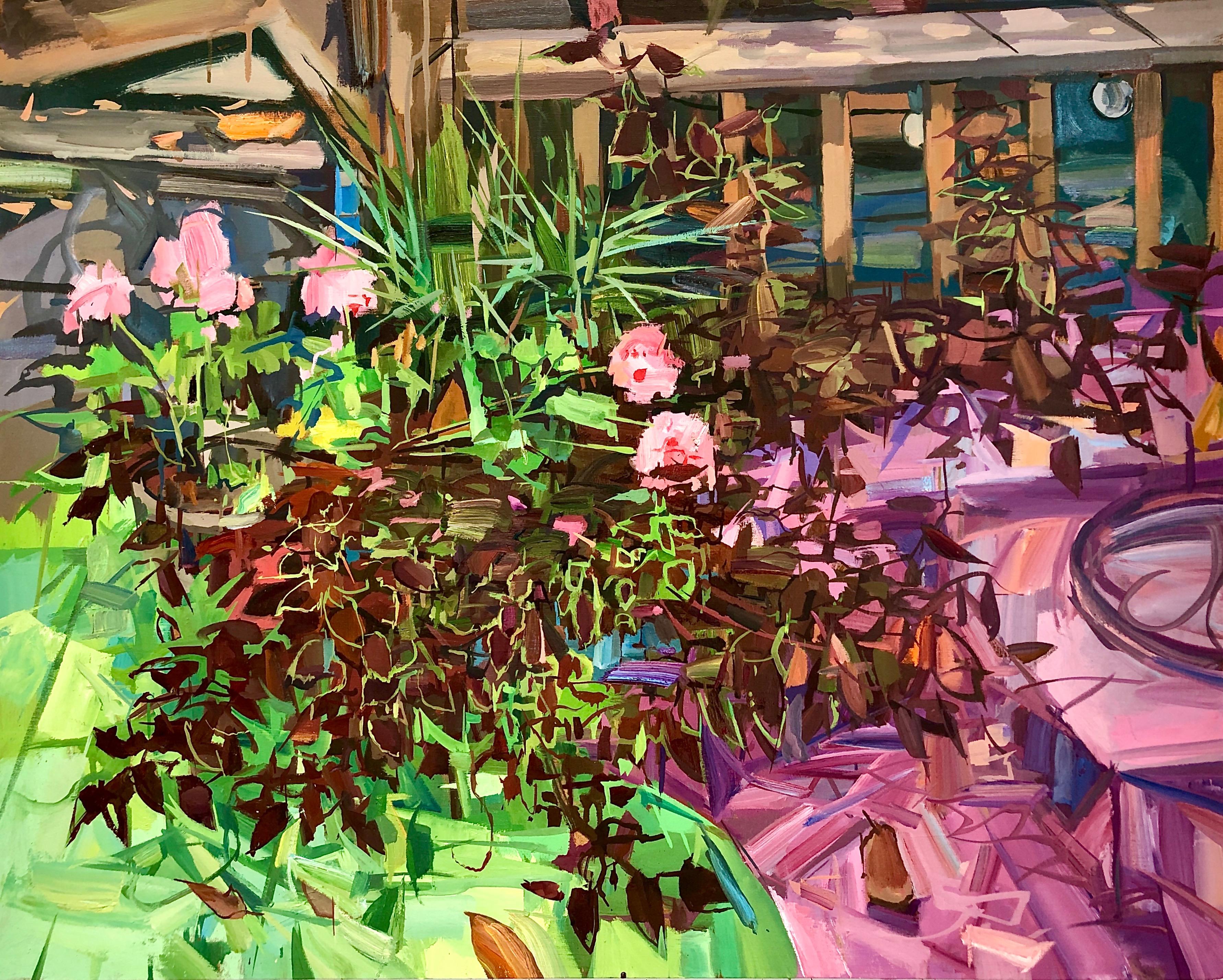 Still-Life Painting de Francis Sills - Fusión - Botánico Contemporáneo Rosa Verde Plantas Flores Porche, 2020