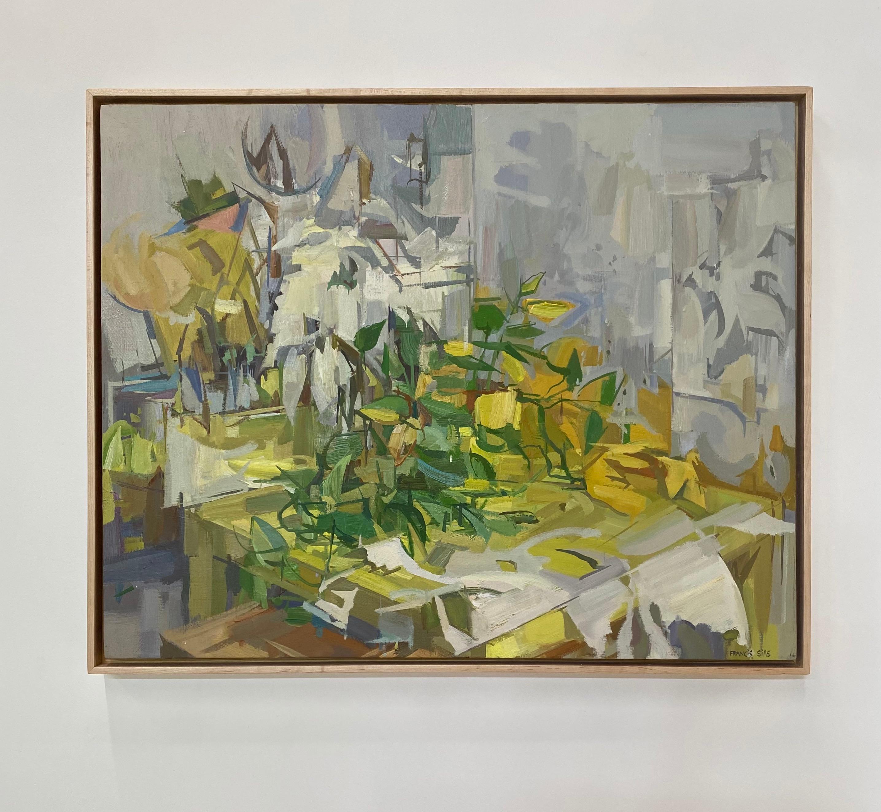 Modified Shift, Abstract Botanical Still Life, Yellow, Green Flowers on Table - Painting by Francis Sills