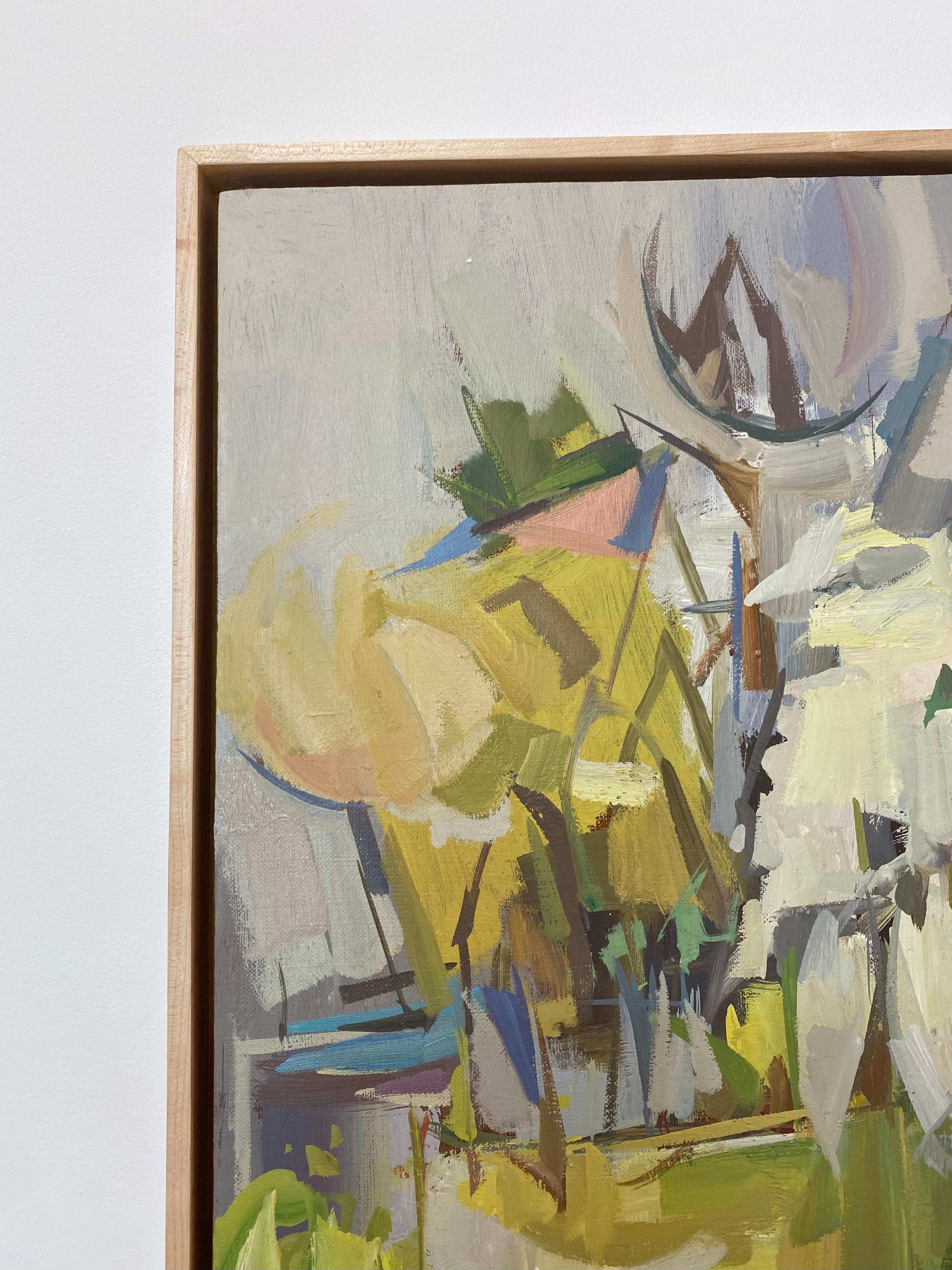 Modified Shift, Abstract Botanical Still Life, Yellow, Green Flowers on Table - Contemporary Painting by Francis Sills