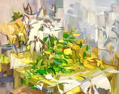 Modified Shift, Abstract Botanical Still Life, Yellow, Green Flowers on Table