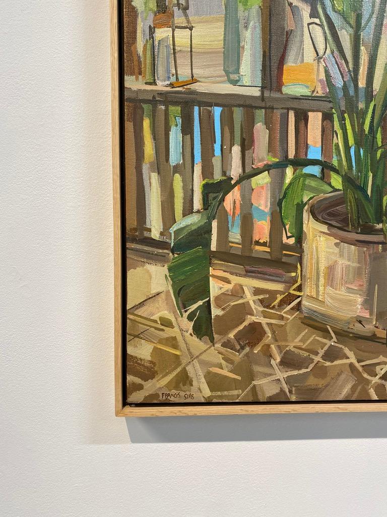 Plants on Porch - Contemporary Botanical Geranium Flowers Potted Plants, 2017 - Brown Still-Life Painting by Francis Sills