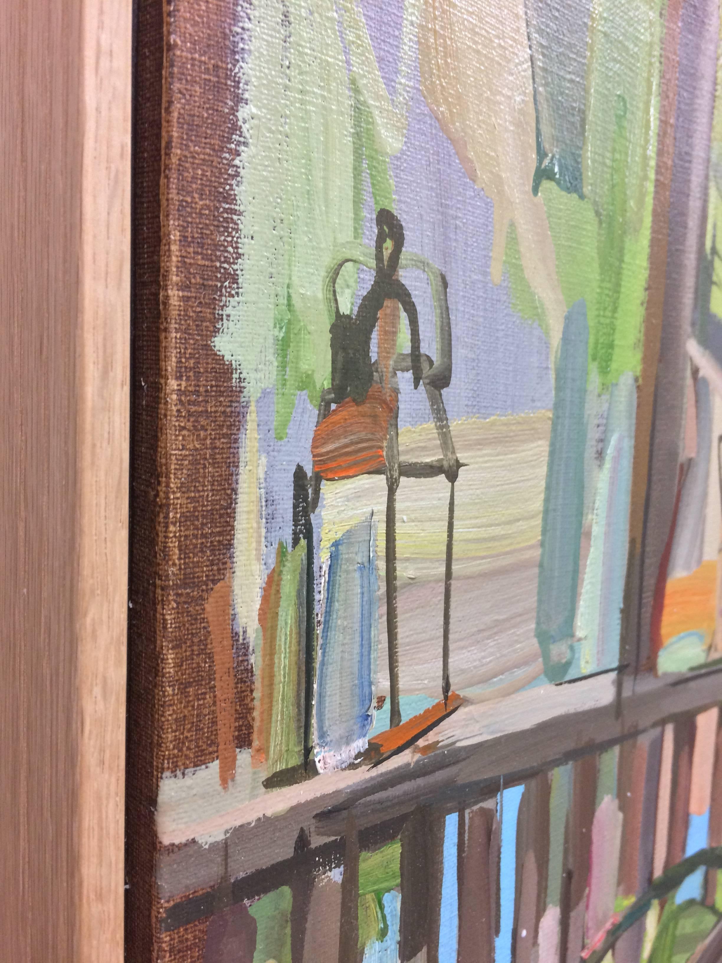 This contemporary painting of plants on a porch in oil on linen is from Francis Sills' 2017 series of Flora Paintings. Verdant leafy palms in planters stand behind a wooden table with bright red potted flowers and another lush, leafy green plant in
