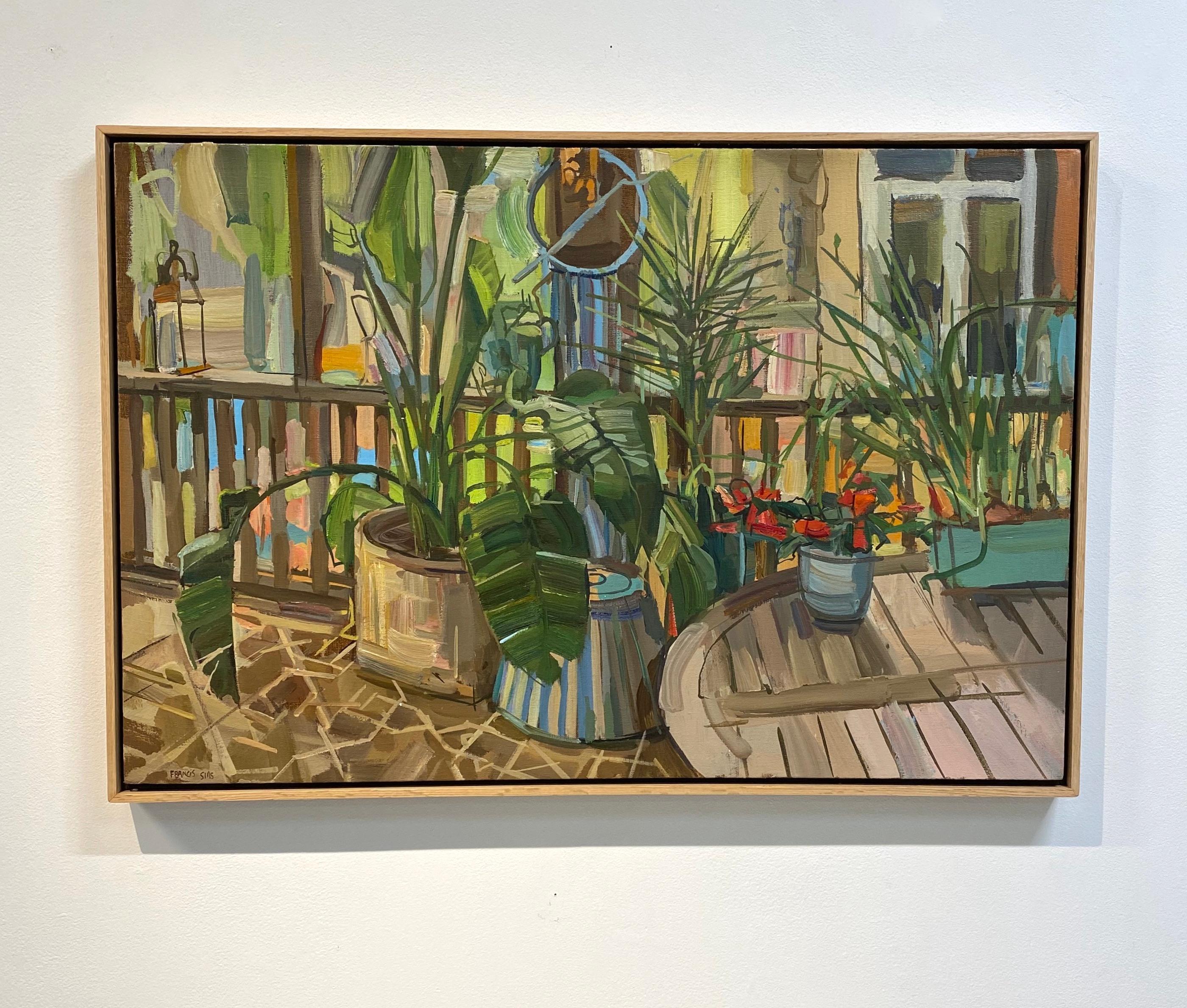 Plants on Porch, Red Geranium Flowers, Green, Yellow Potted Plants, Patio, Wood - Painting by Francis Sills
