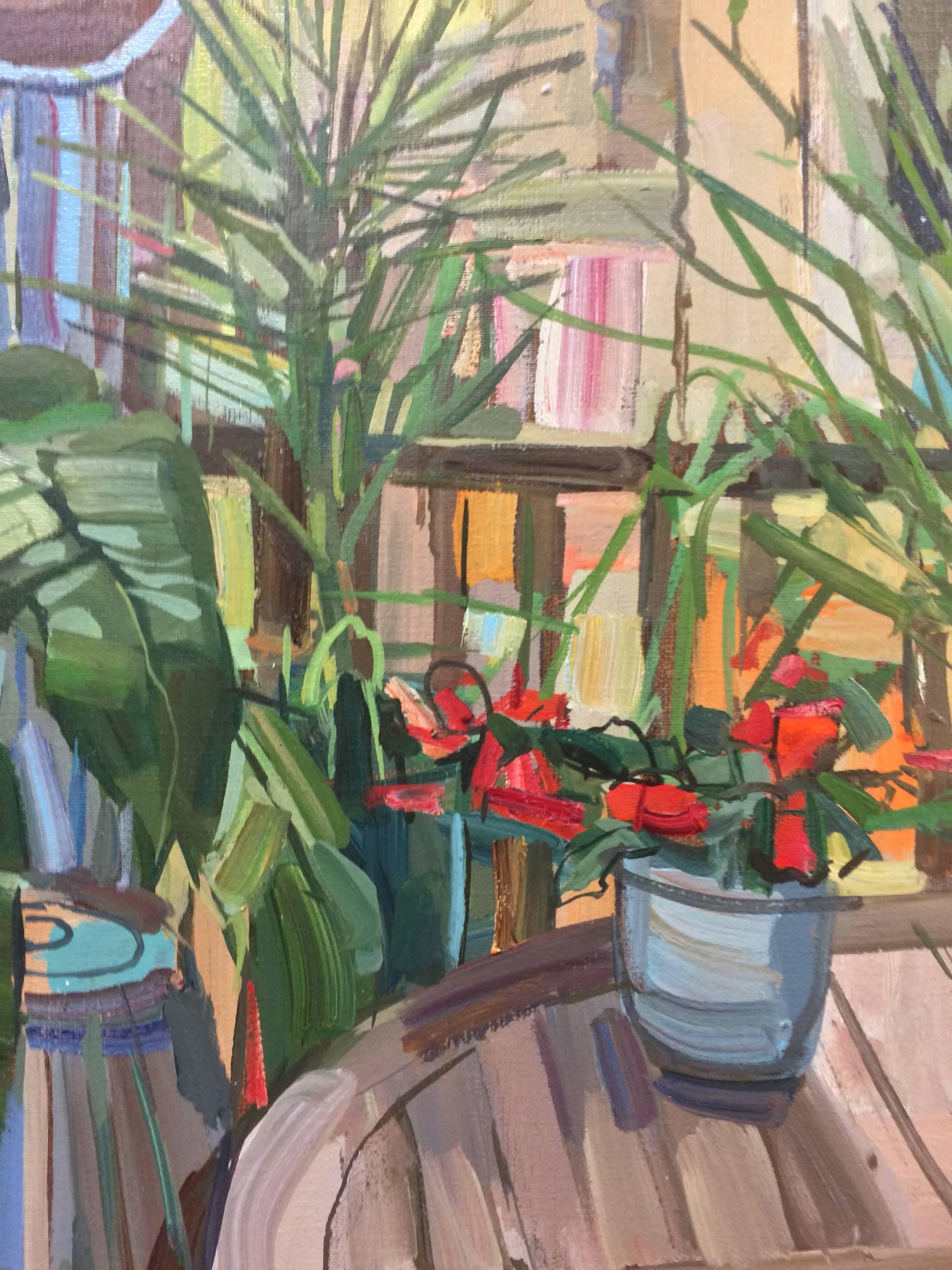 Plants on Porch, Red Geranium Flowers, Green, Yellow Potted Plants, Patio, Wood - Contemporary Painting by Francis Sills
