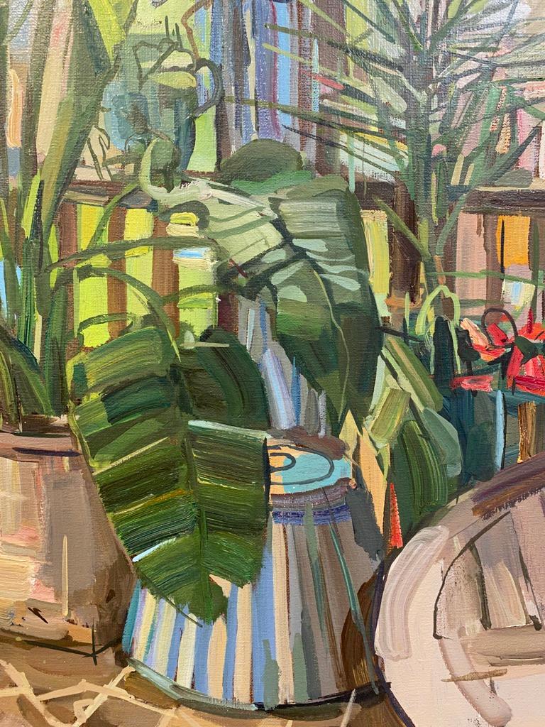 Plants on Porch, Red Geranium Flowers, Green, Yellow Potted Plants, Patio, Wood - Brown Still-Life Painting by Francis Sills