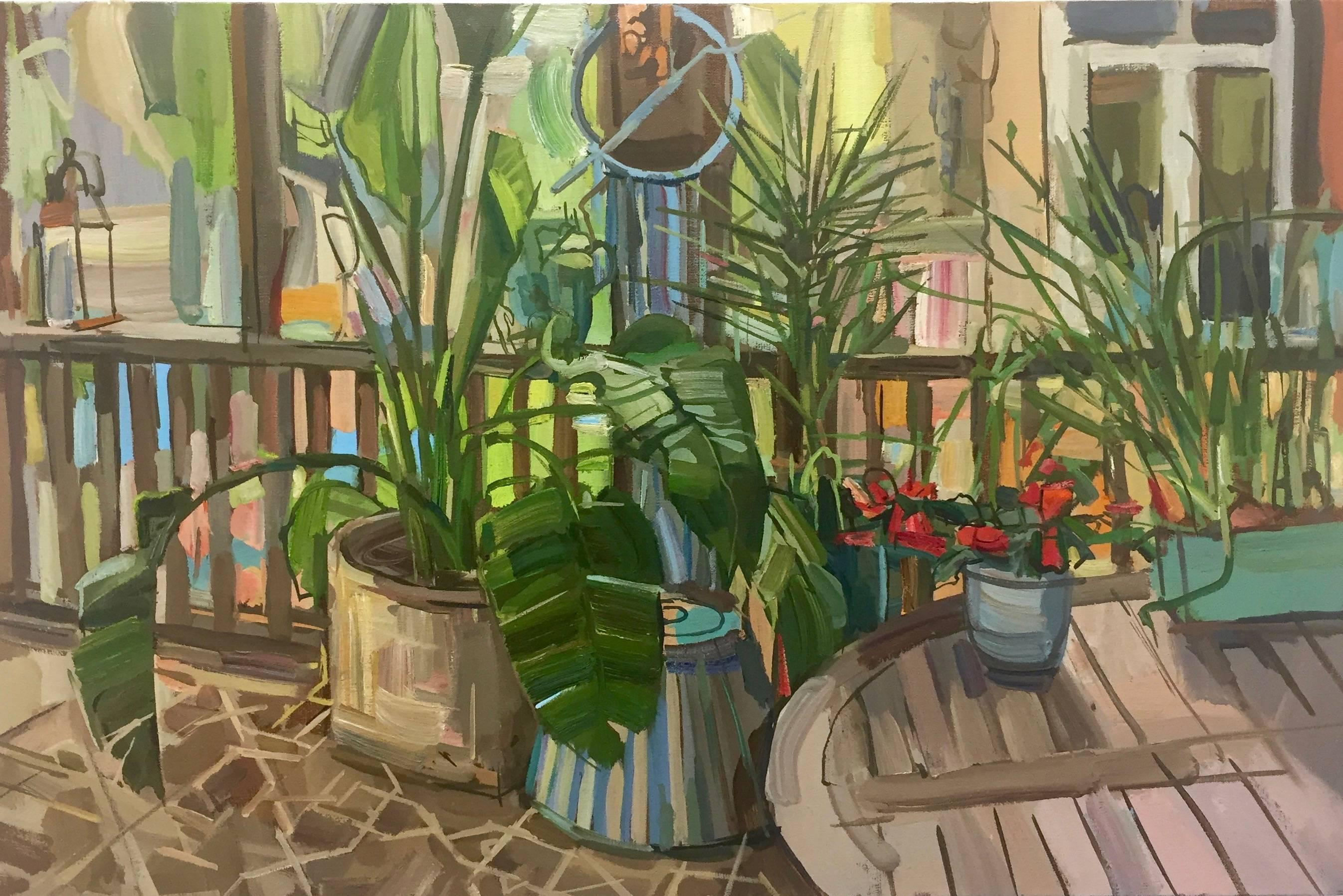Francis Sills Still-Life Painting - Plants on Porch, Red Geranium Flowers, Green, Yellow Potted Plants, Patio, Wood