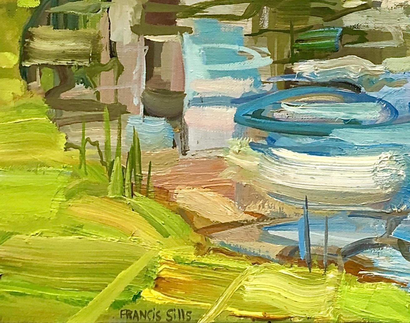 Pond at the Farm, Water, Blue Sky, Green Trees, Clouds Landscape Painting For Sale 1