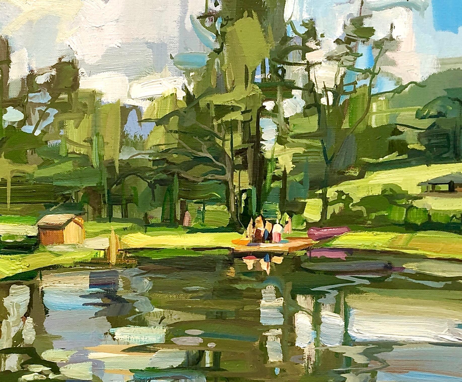 Pond at the Farm, Water, Blue Sky, Green Trees, Clouds Landscape Painting For Sale 4