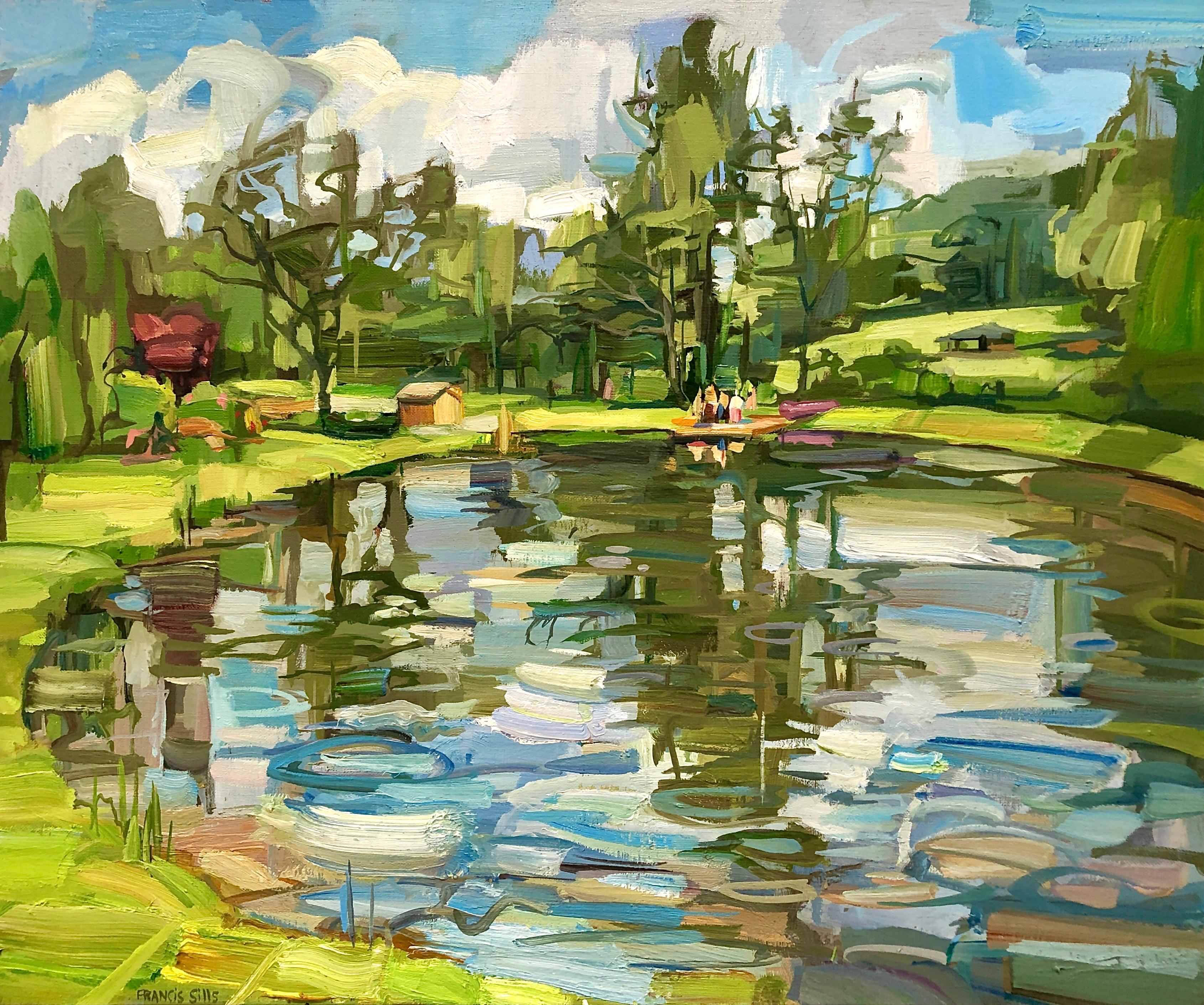 This landscape painting is from Francis Sills' series of Water paintings. A pond reflects the blue sky and clouds overhead in this idyllic outdoor scene. A small pink boat can be seen on the water's edge. Framed in a thin, light natural wood float