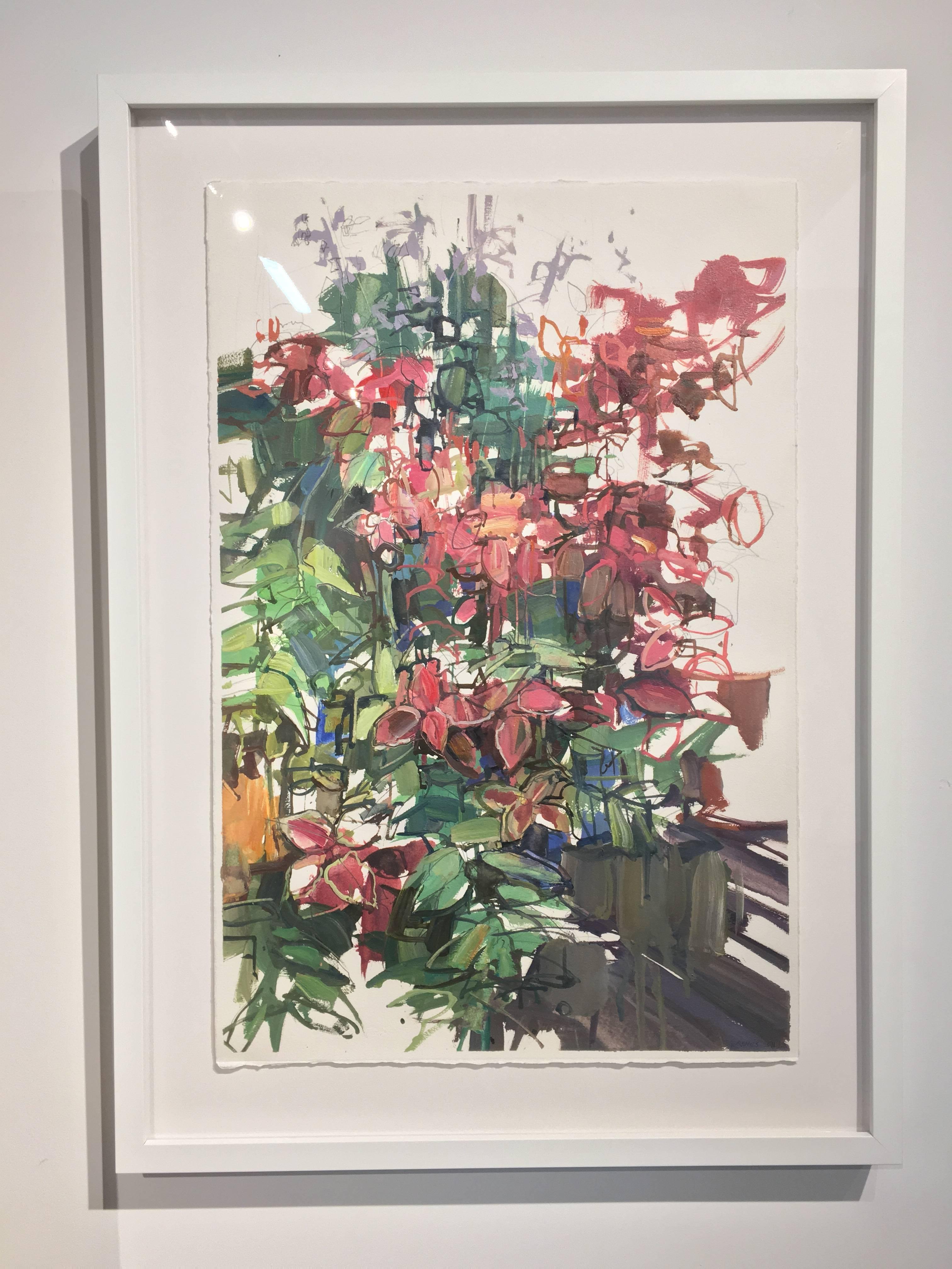 Red Flowers, Abstract Botanical, Red Flowers, Green Leaves, Brown, Blue, White - Painting by Francis Sills