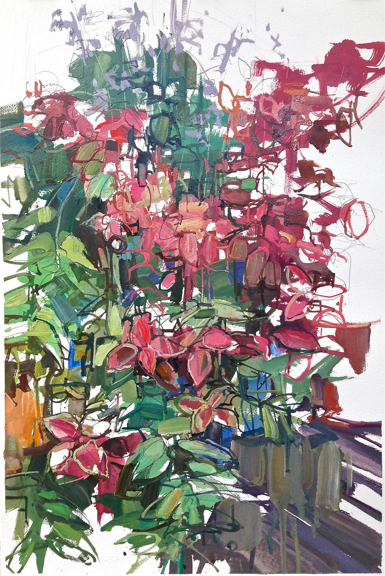 Francis Sills Still-Life Painting - Red Flowers, Abstract Botanical, Red Flowers, Green Leaves, Brown, Blue, White