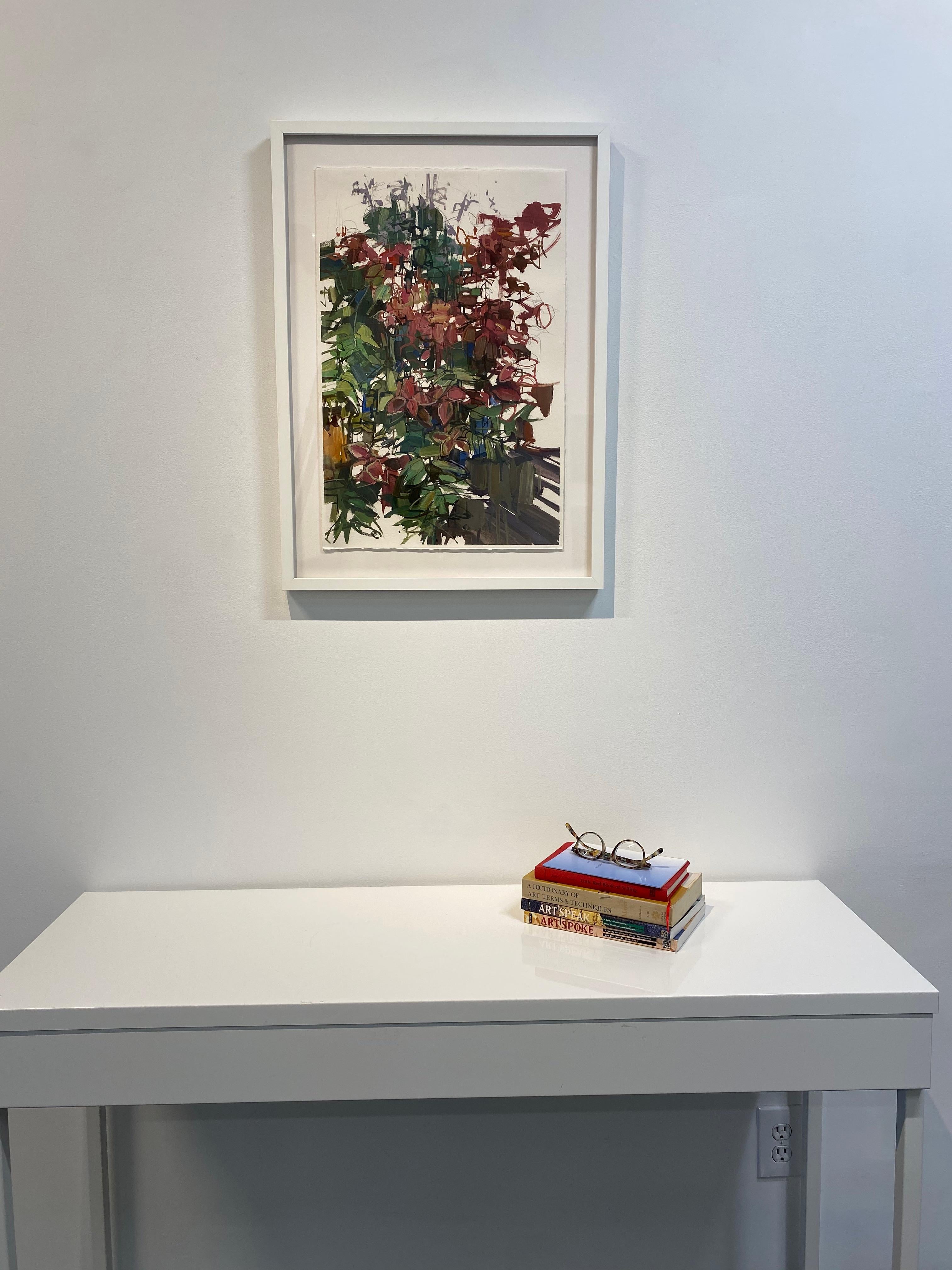 Flores rojas - Botánica abstracta contemporánea Flores rojas Hojas verdes, 2014 - Still-Life Painting Gris de Francis Sills