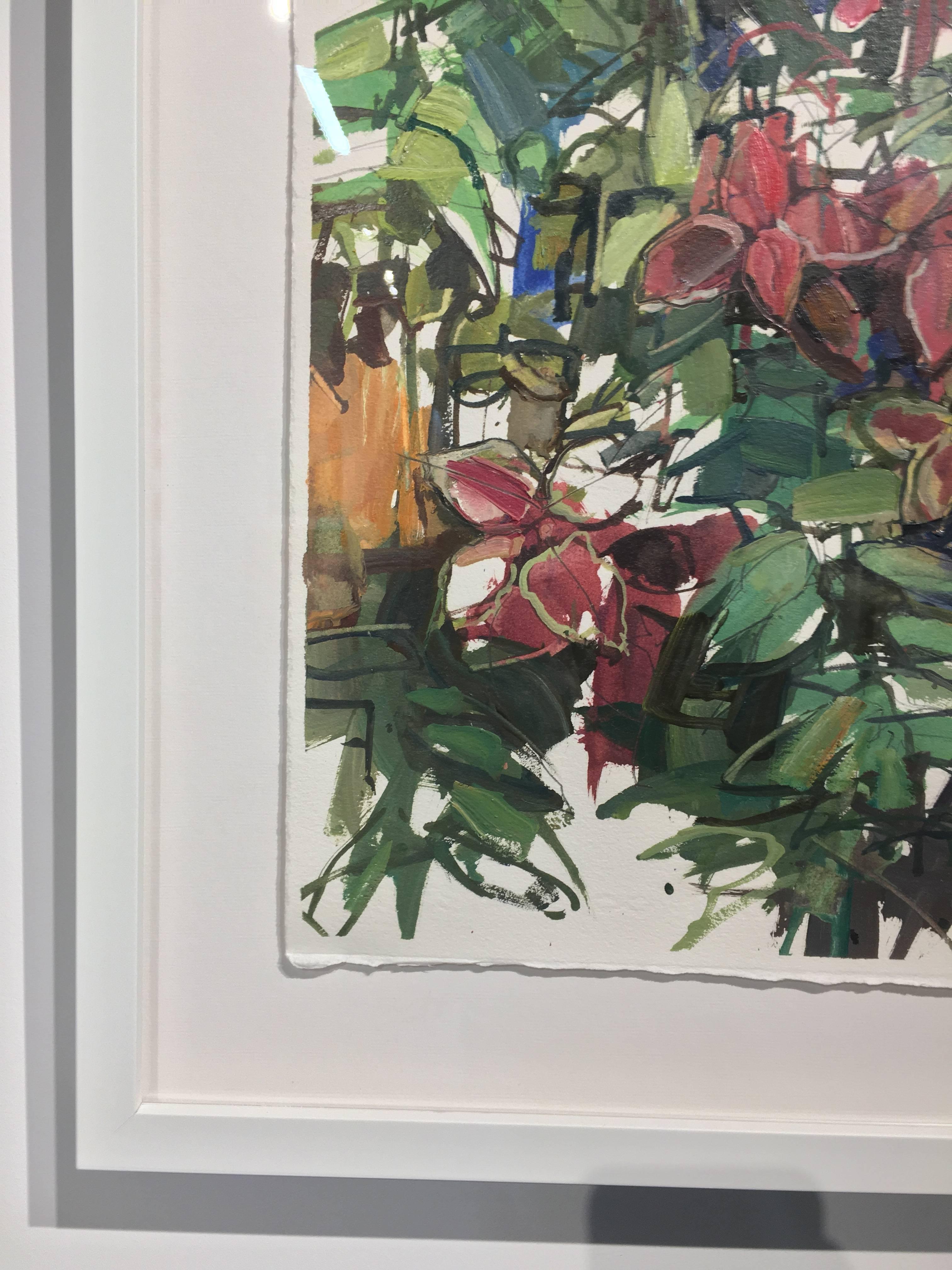 Flores de color rojo burdeos oscuro con exuberantes hojas de verdes tonalidades, representadas al óleo y grafito sobre papel blanco. 

Firmado en el anverso, esquina inferior derecha. Enmarcado en un sólido marco flotante de madera blanca. 22 x 15