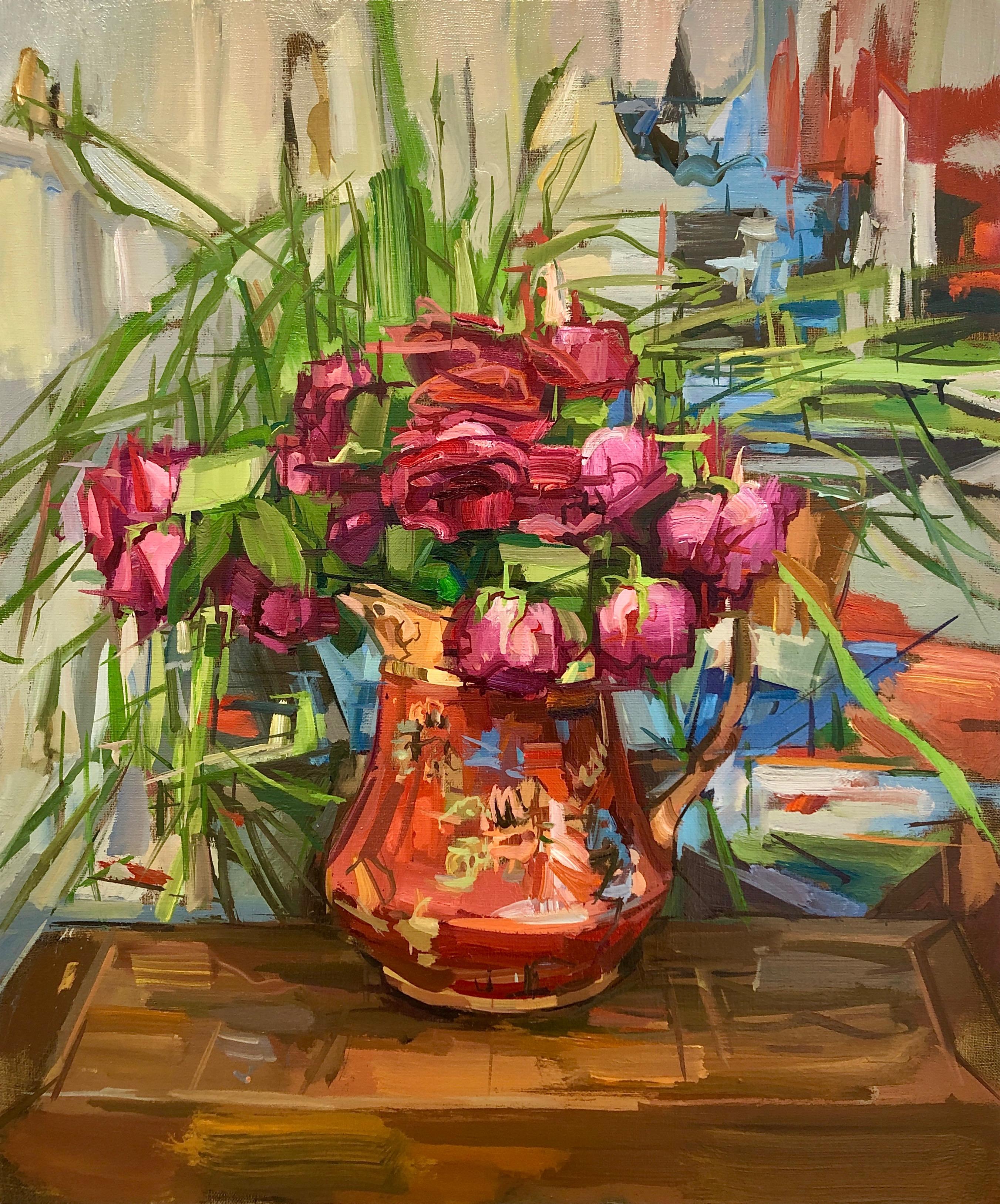 Still-Life Painting Francis Sills - Pichet à fleurs vert, botanique, rouge, rose foncé, sur table en bois