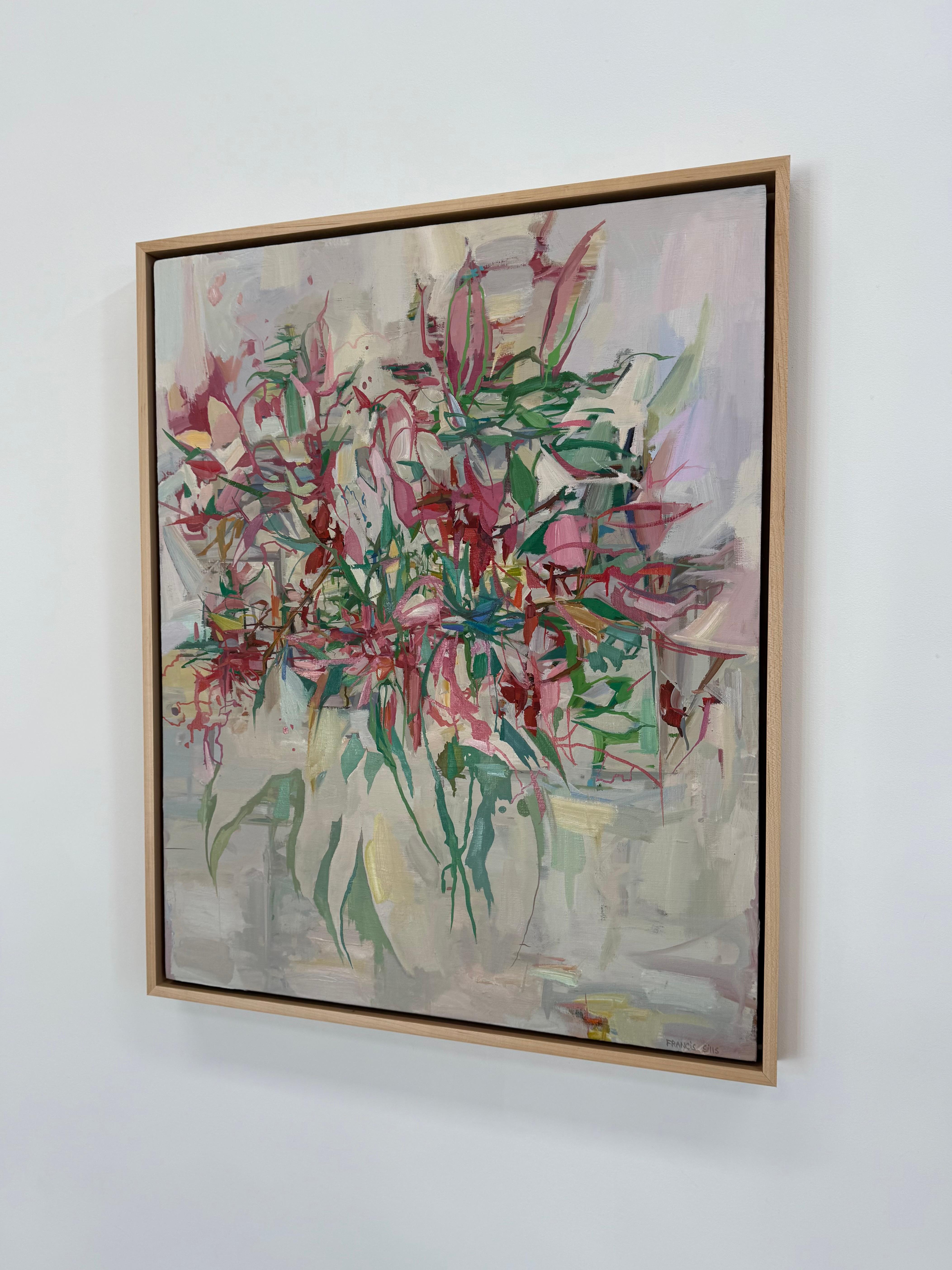 Nature morte botanique abstraite contemporaine peinte à l'huile sur lin avec des fleurs et des plantes luxuriantes de la série de peintures Flora de Francis Sills.

Encadré dans un cadre flottant en bois naturel clair. Signé au recto et au