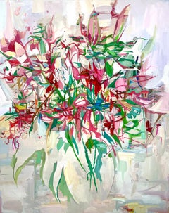 Lys des étoiles - Fleurs botaniques abstraites contemporaines Rouge Rose Vert, 2025
