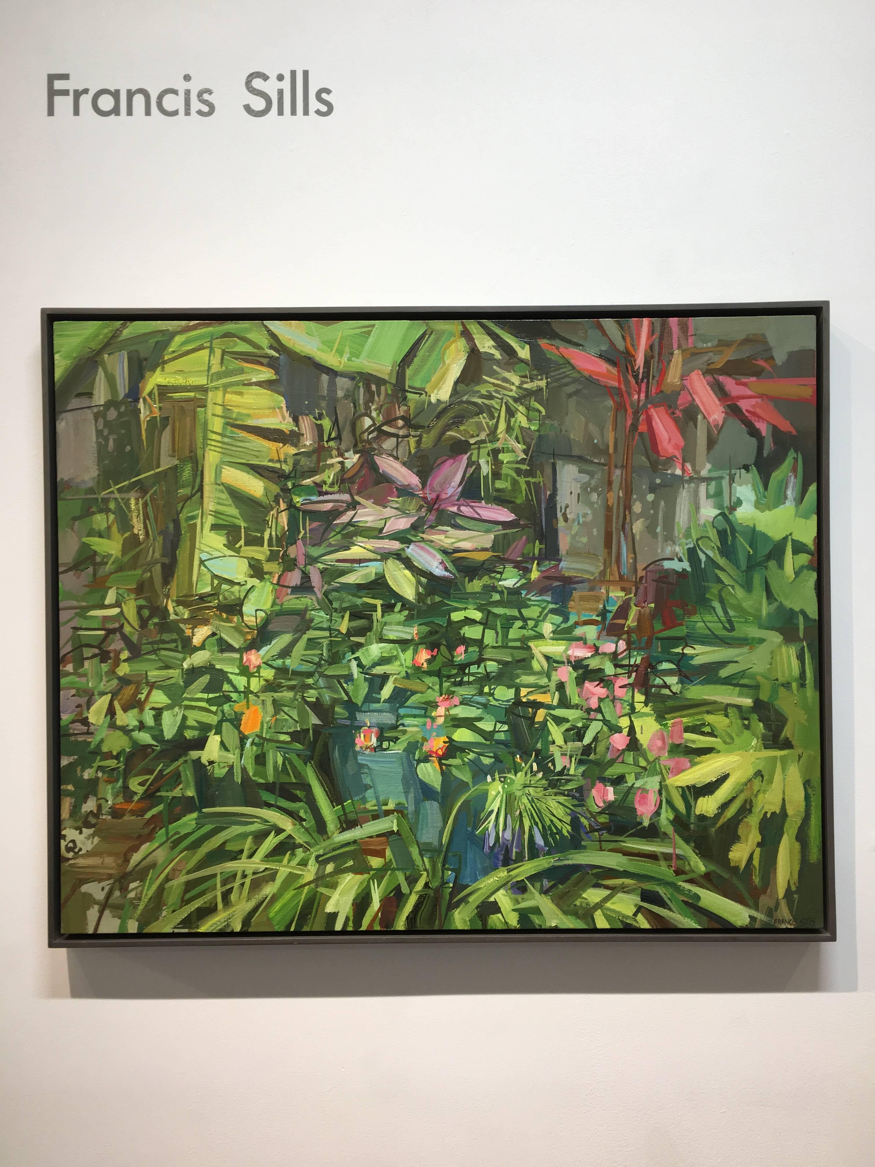 Jardín de verano I, Botánico, Palmeras, Plantas verdes, Flores rojas, Patio trasero - Painting de Francis Sills