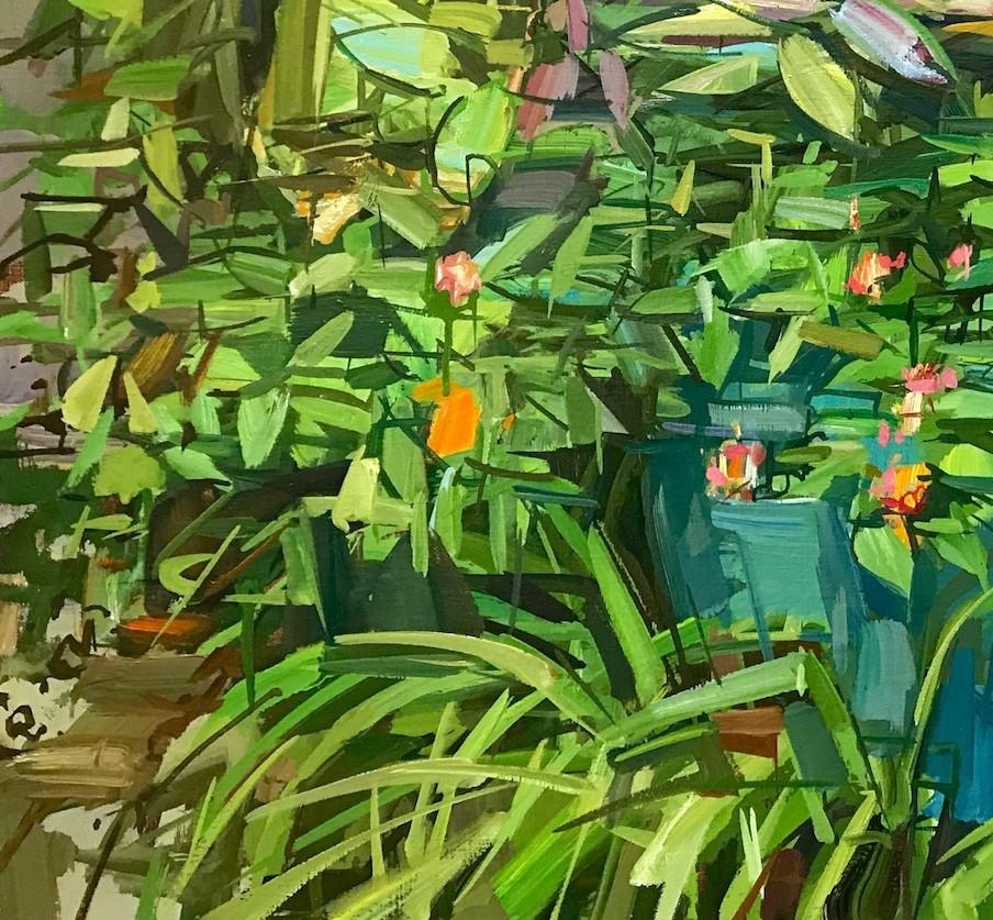 Summer Garden I, Botanical, Palms, Green Plants, Red Flowers, Backyard - Contemporary Painting by Francis Sills
