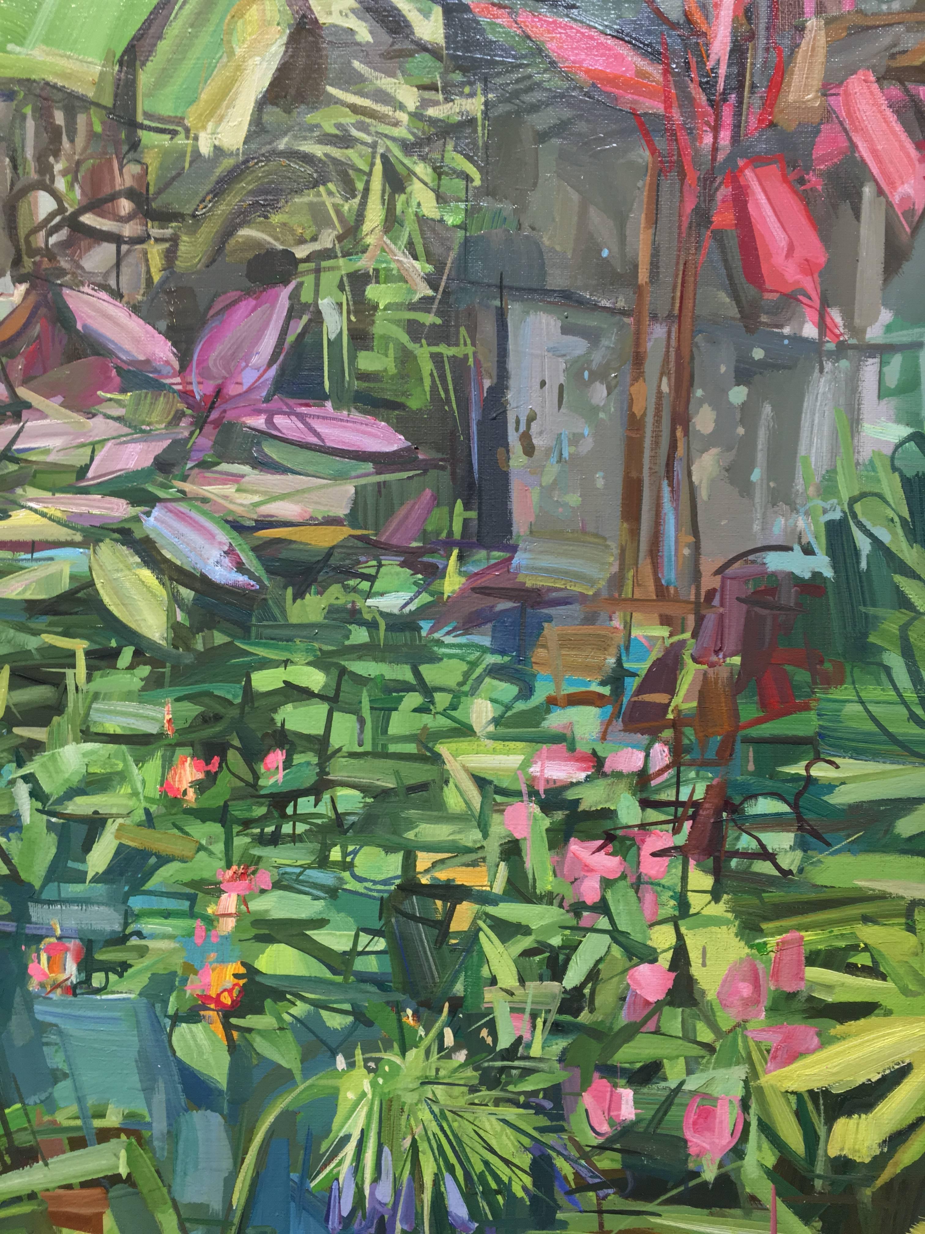 This colorful painting of plants and flowers in a backyard is from Francis Sills' 2017 series of Flora Paintings. The verdant shades of green are punctuated by the warmer tones of the blossoms and the red plant in the corner. The vivid hues of this