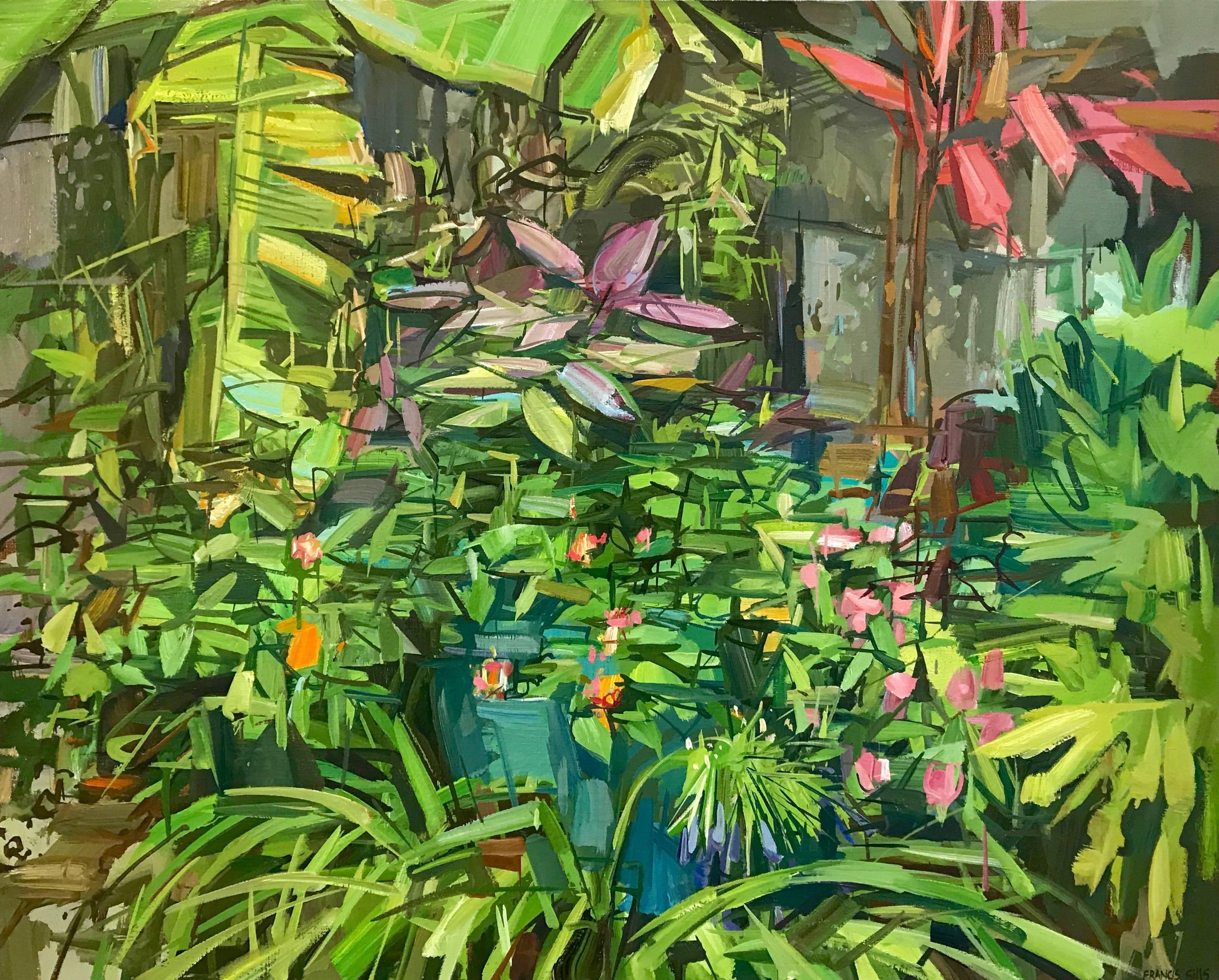Francis Sills Landscape Painting - Summer Garden I, Botanical, Palms, Green Plants, Red Flowers, Backyard