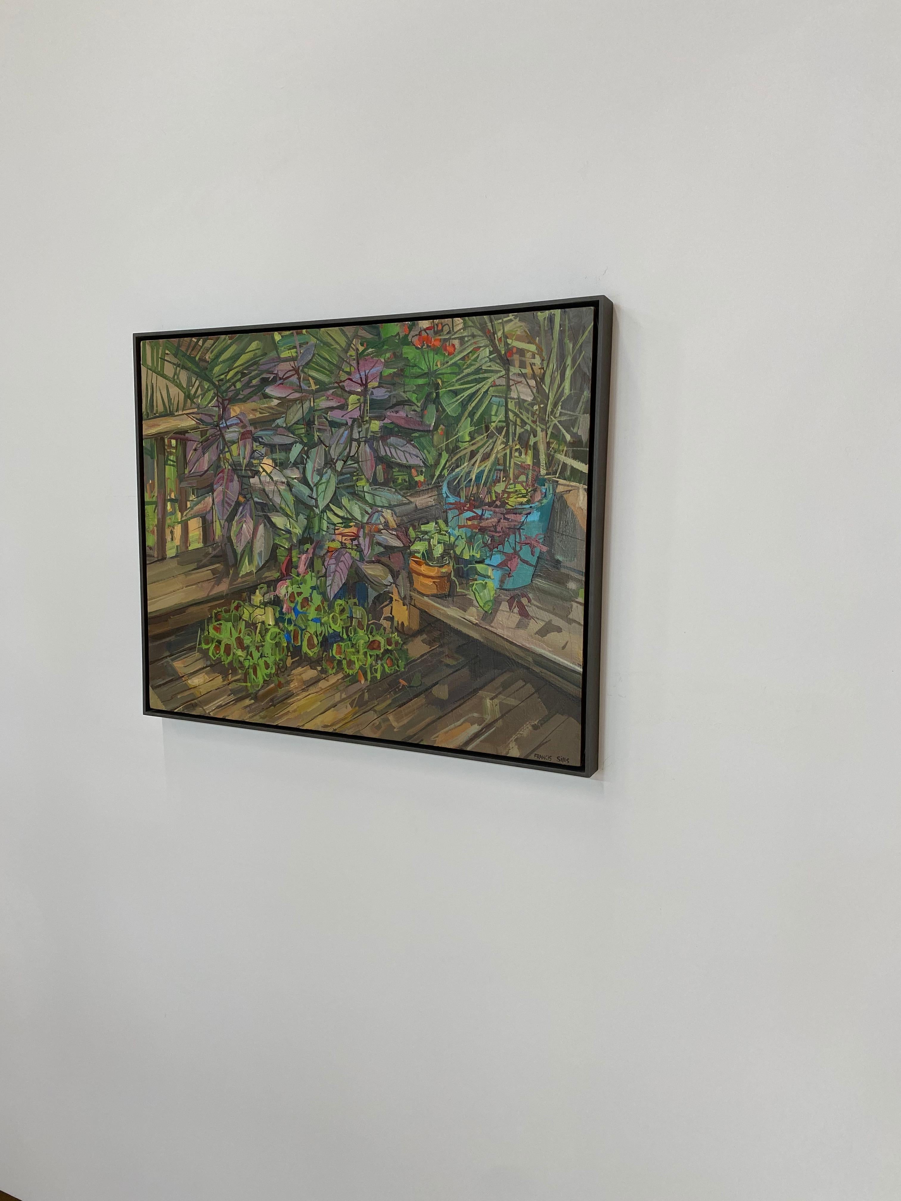 Summer Garden II - Contemporary Botanical Tropical Plants on Porch, 2017 - Painting by Francis Sills