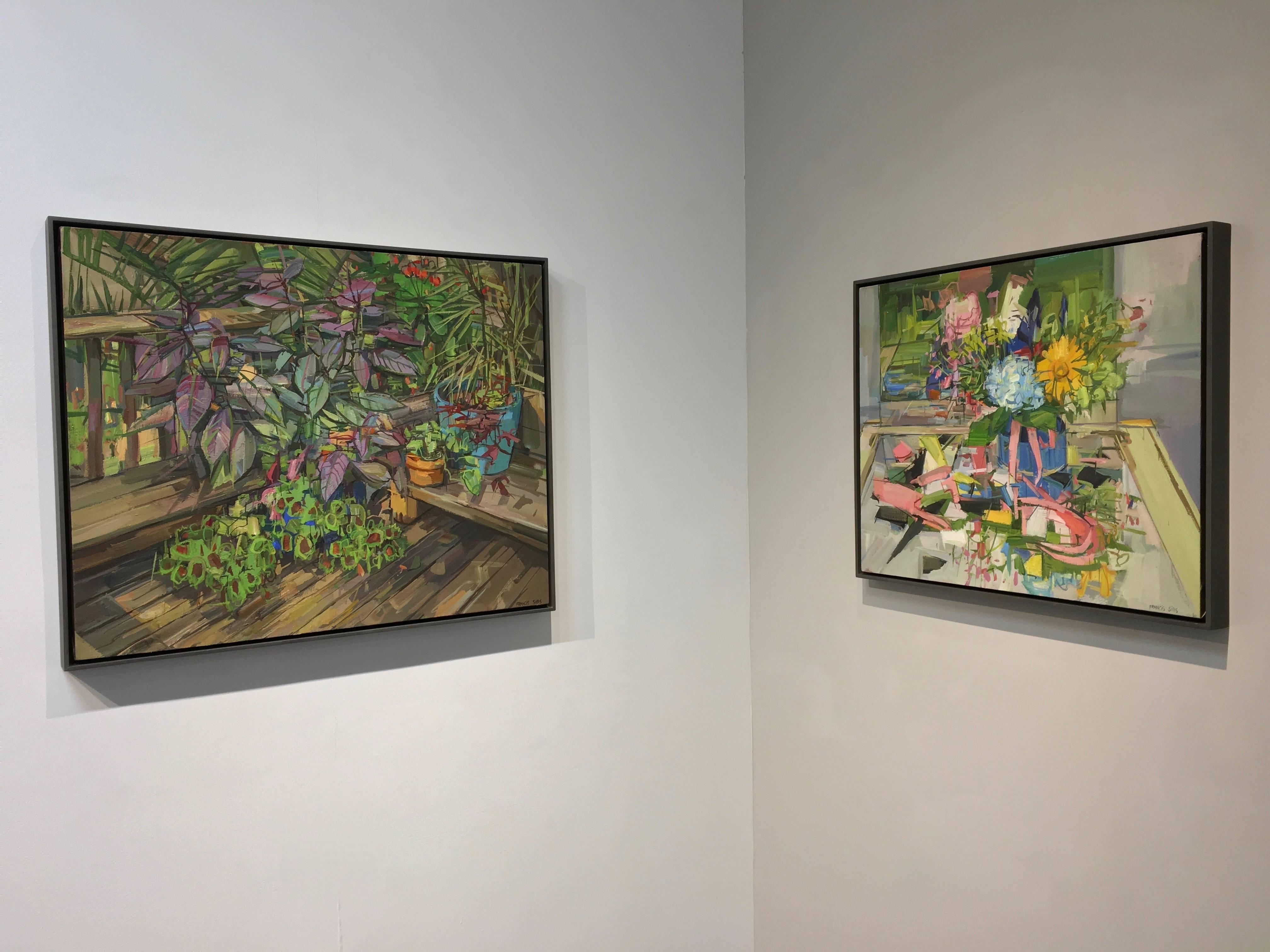 This contemporary oil painting on linen of plants on a porch is from Francis Sills' 2017 series of Flora Paintings. The verdant shades of green in the leaves are accented by rich brown and purple hues and a bright teal planter. Signed on recto and
