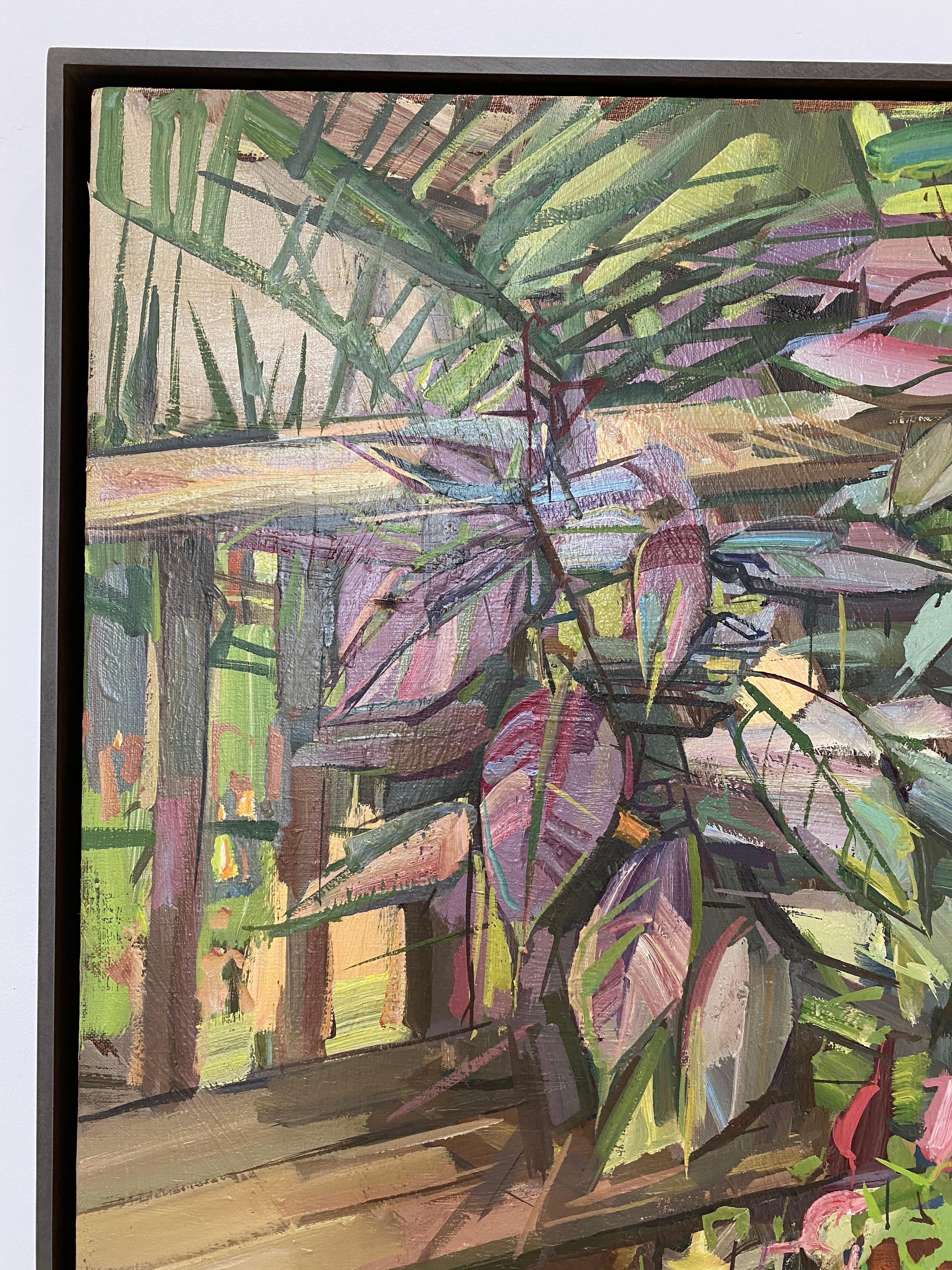 This painting of plants on a porch is from Francis Sills' 2017 series of Flora Paintings. The verdant shades of green in the leaves are accented by rich brown and purple hues and a bright teal planter. Signed on recto and verso. Framed in thin, dark