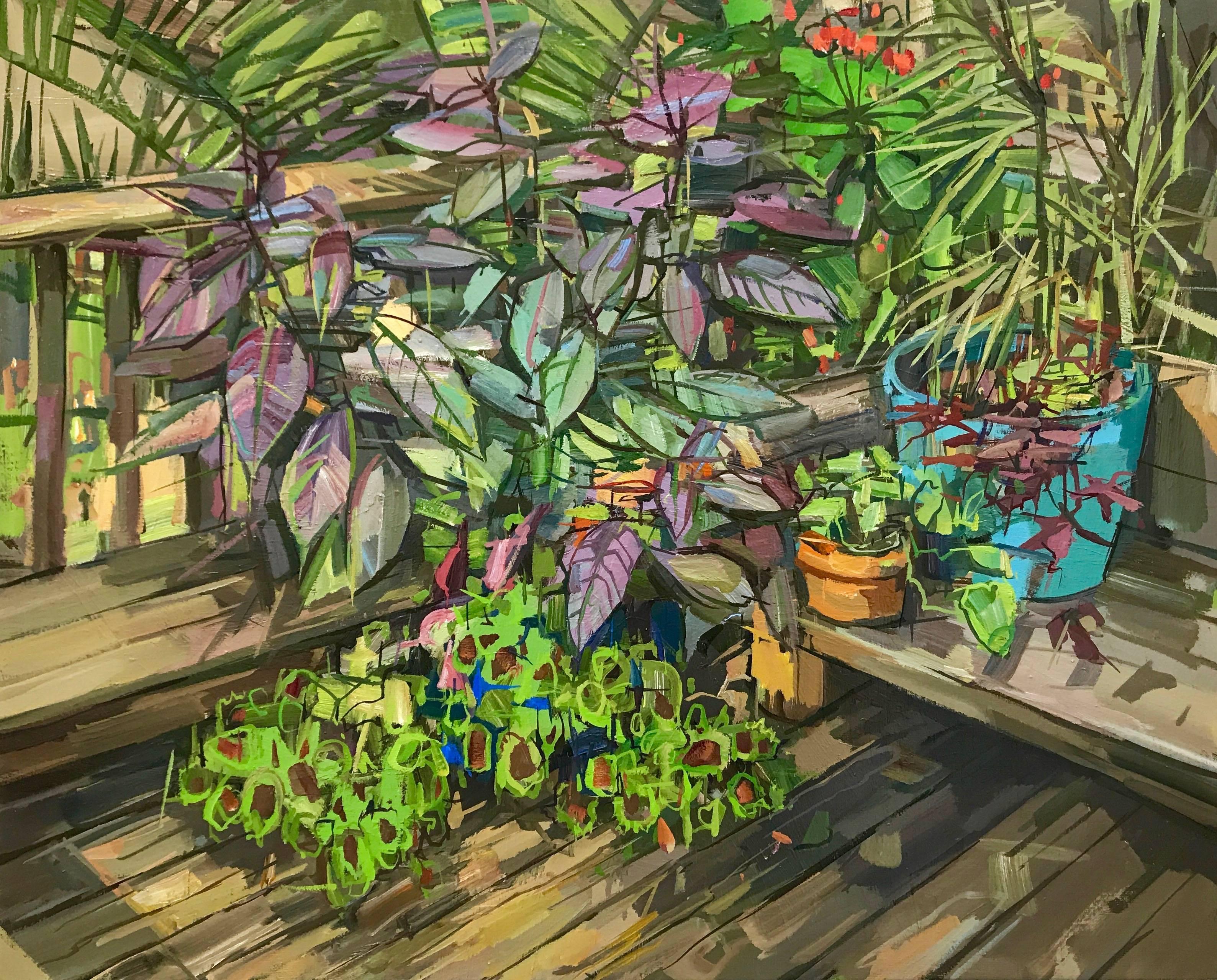 Francis Sills Still-Life Painting - Summer Garden II, Botanical, Plants in Bright Green, Purple, Brown on Wood Porch
