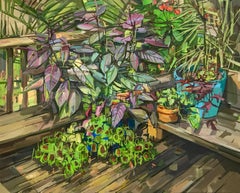 Summer Garden II, Botanical, Plants in Bright Green, Purple, Brown on Wood Porch (Jardin d'été II, botanique, plantes en vert vif, violet et brun sur une véranda en bois)