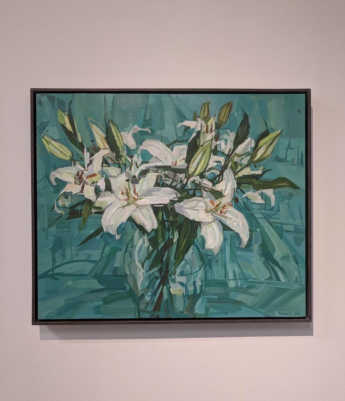 White Lilies, Flowers in Vase, Teal Blue, Green, White Botanical Still Life - Painting by Francis Sills