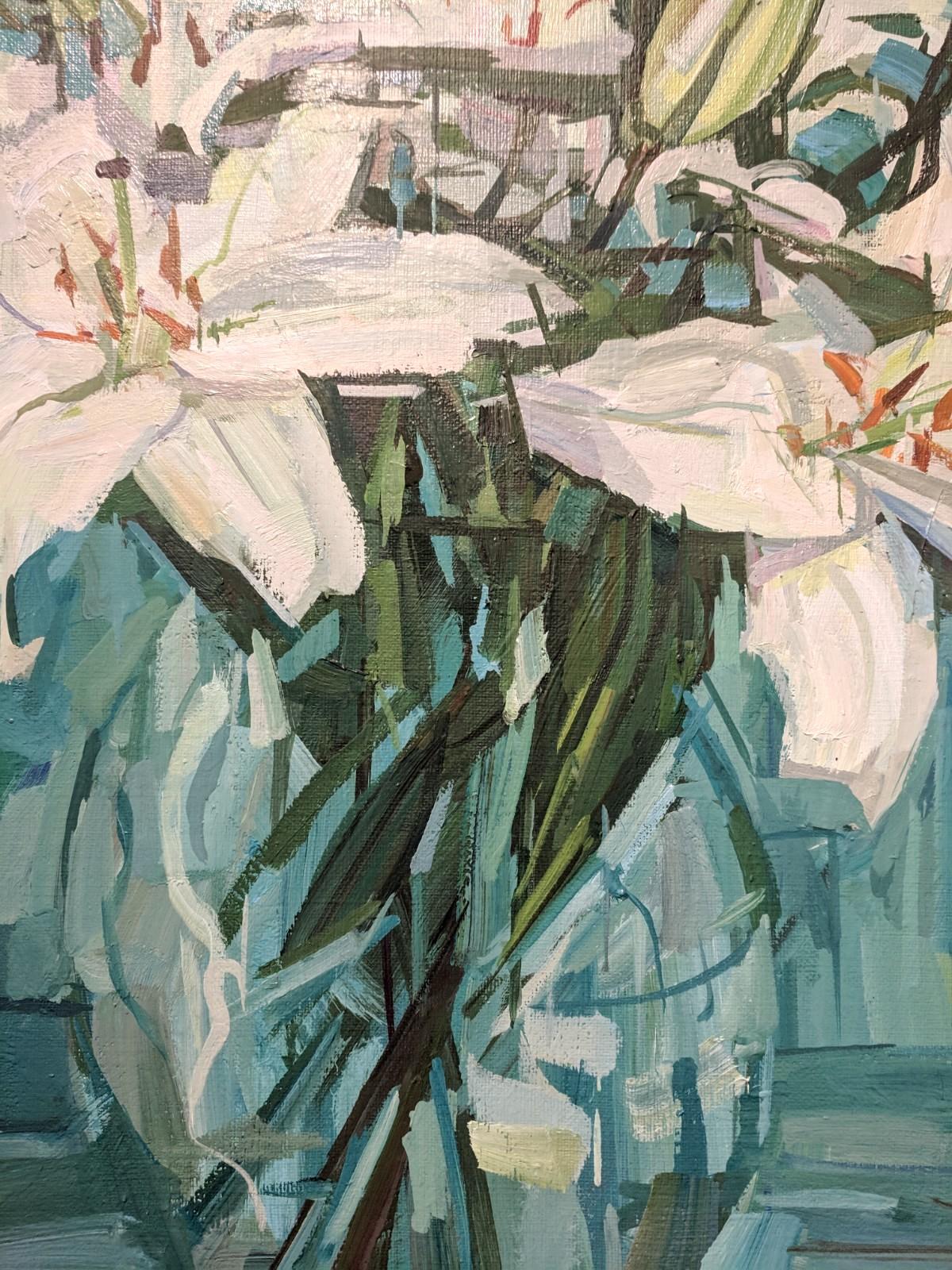 White Lilies, Flowers in Vase, Teal Blue, Green, White Botanical Still Life - Contemporary Painting by Francis Sills