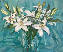 Lys blancs, fleurs dans un vase, bleu sarcelle, vert, nature morte botanique blanche