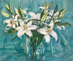White Lilies, Botanical Still Life, Flowers in Vase, Teal Blue, Green, White