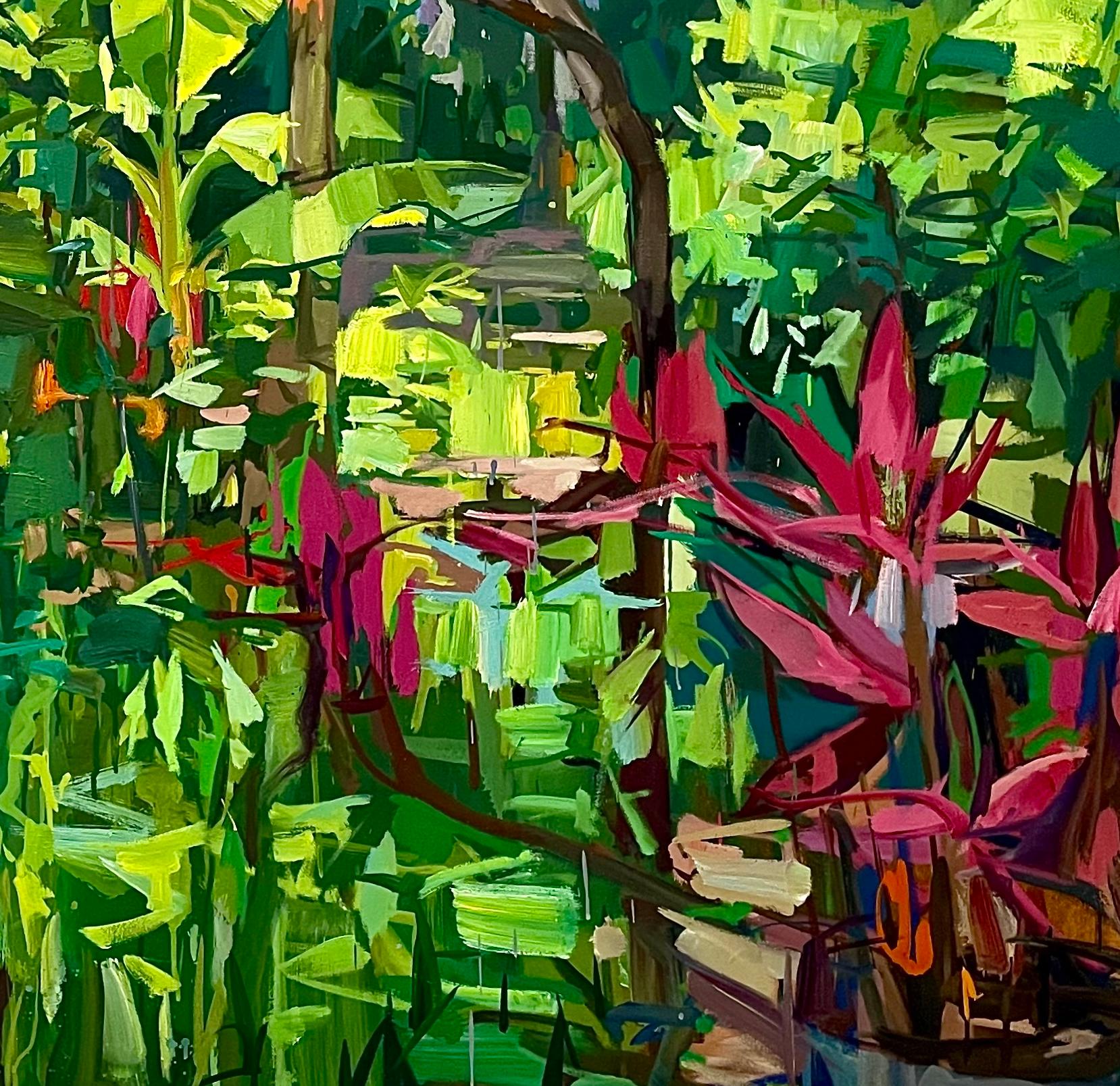 Contemporary oil painting on linen of a lush tropical garden full of plants and botany from Francis Sills' ongoing series of Flora Paintings. Bright shades of lush green in the leaves contrast warm maroon and burgundy red.

Signed on recto, signed,