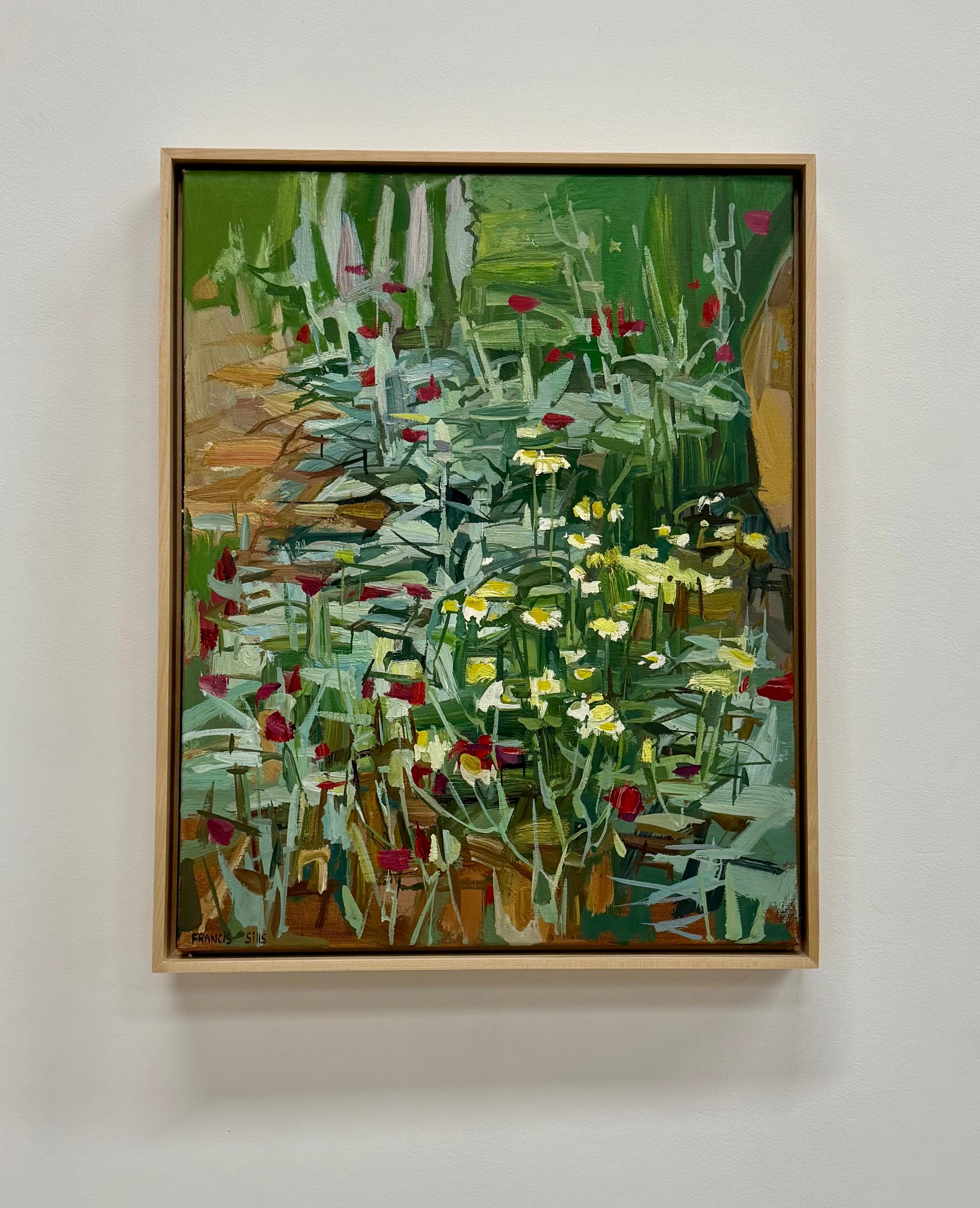 Wildblumen - Zeitgenössischer Botanischer Garten Grüne Pflanzen Rote Blumen Gänseblümchen, 2020 – Painting von Francis Sills