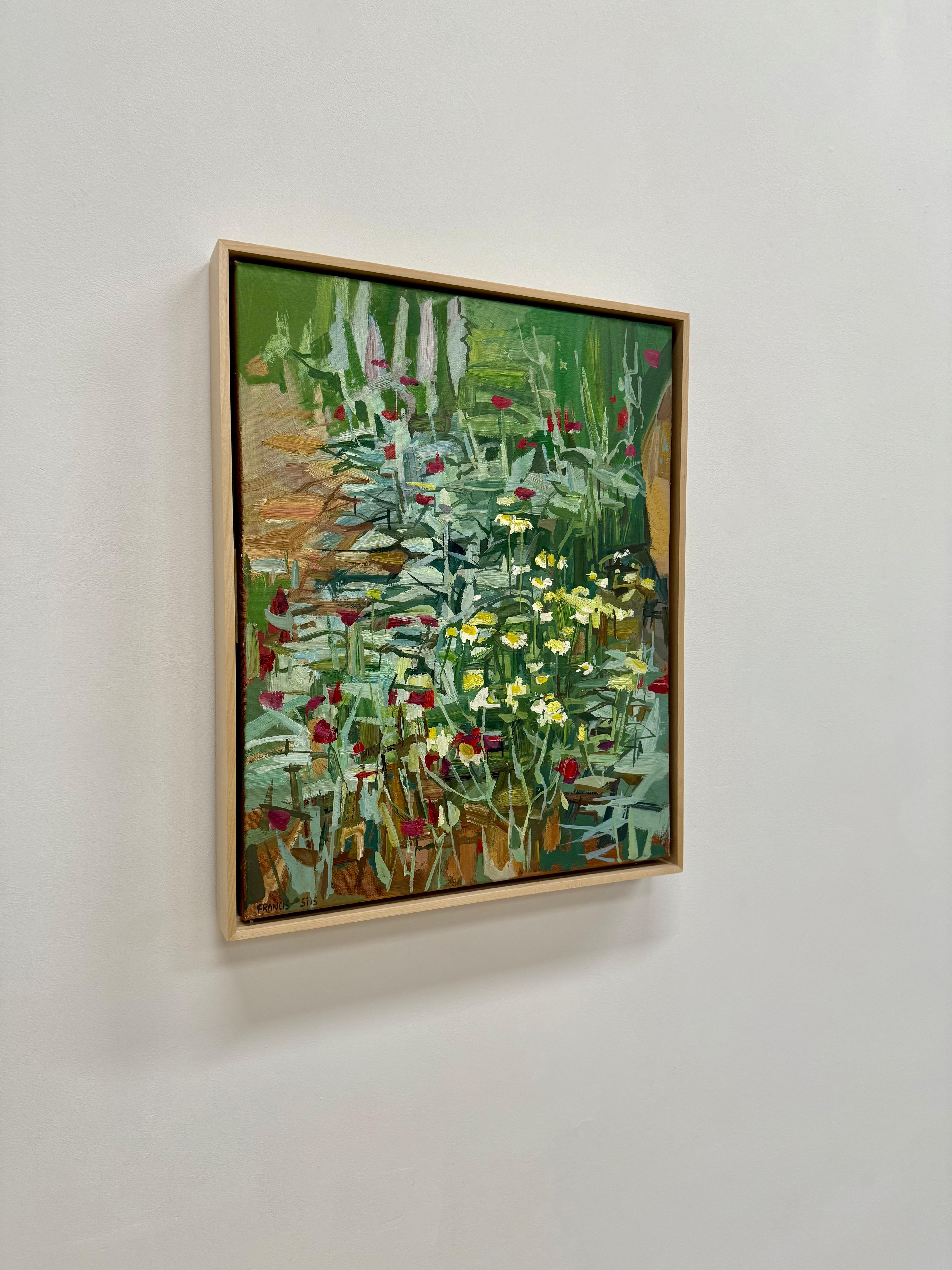 Dieses farbenfrohe zeitgenössische Gemälde in Öl auf Leinen mit Wildblumen und üppigen Pflanzen im Freien stammt aus Francis Sills' fortlaufender Serie von Flora-Gemälden. Die grünen Schattierungen des Grüns stehen im Kontrast zu den roten und